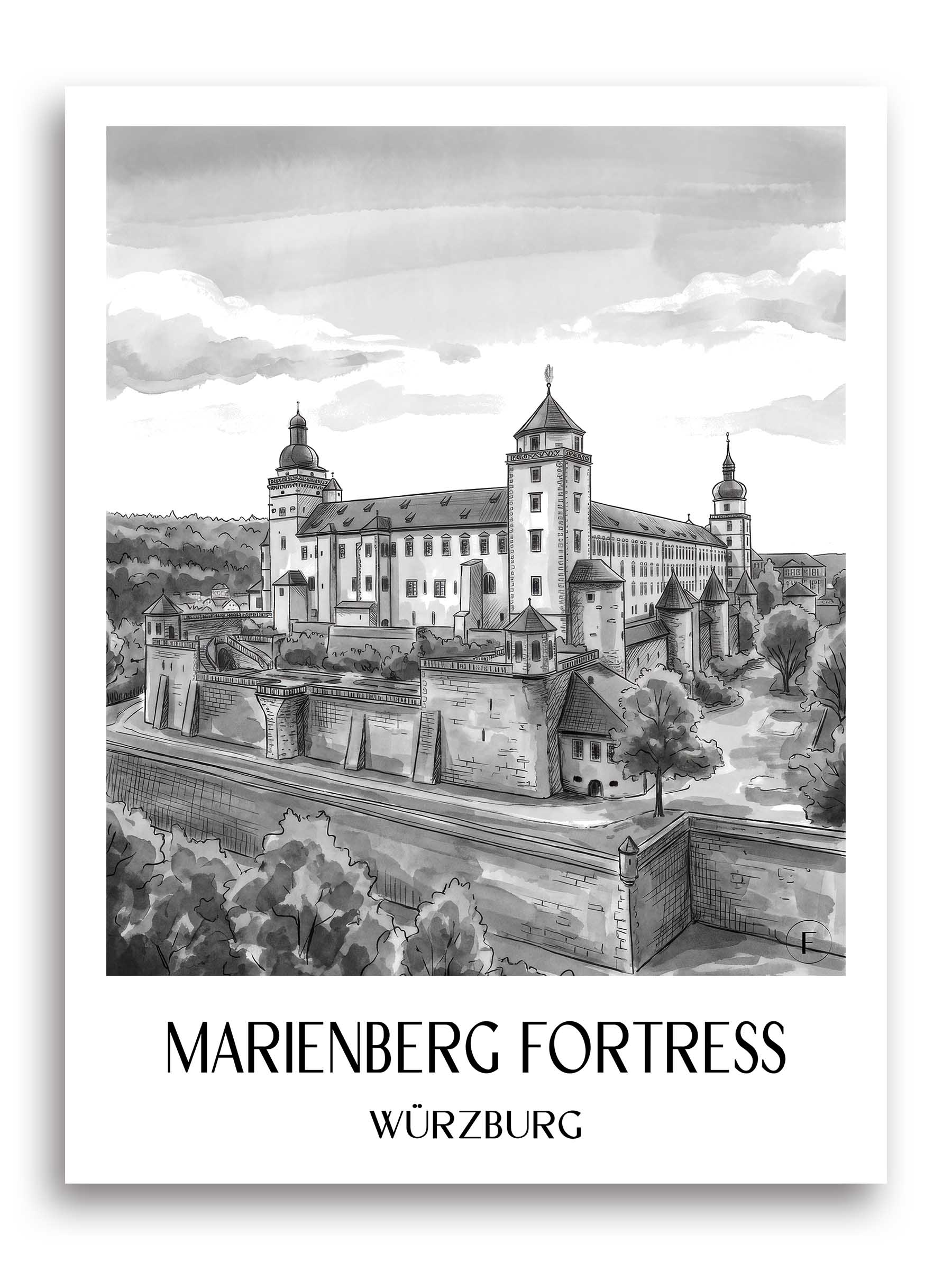 Festung Marienberg Poster - Würzburg - Deutschland Kunstdruck - Aquarell Schwarz-Weiß von A4 bis A1