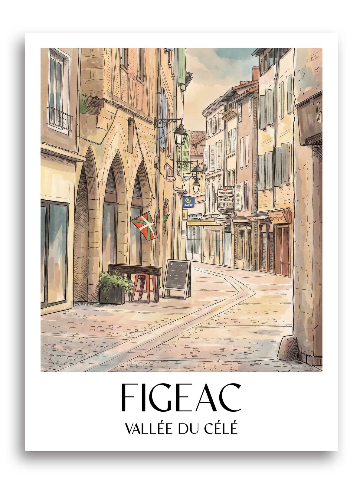 figeac-vallée-du-célé-frankreich-poster-aquarell