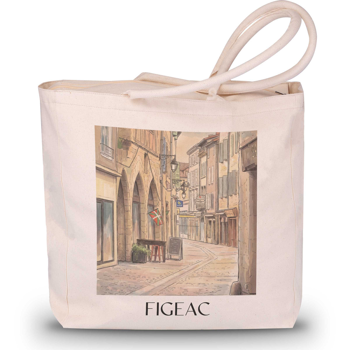 figeac-vallée-du-célé-frankreich-einkaufstasche-aquarell