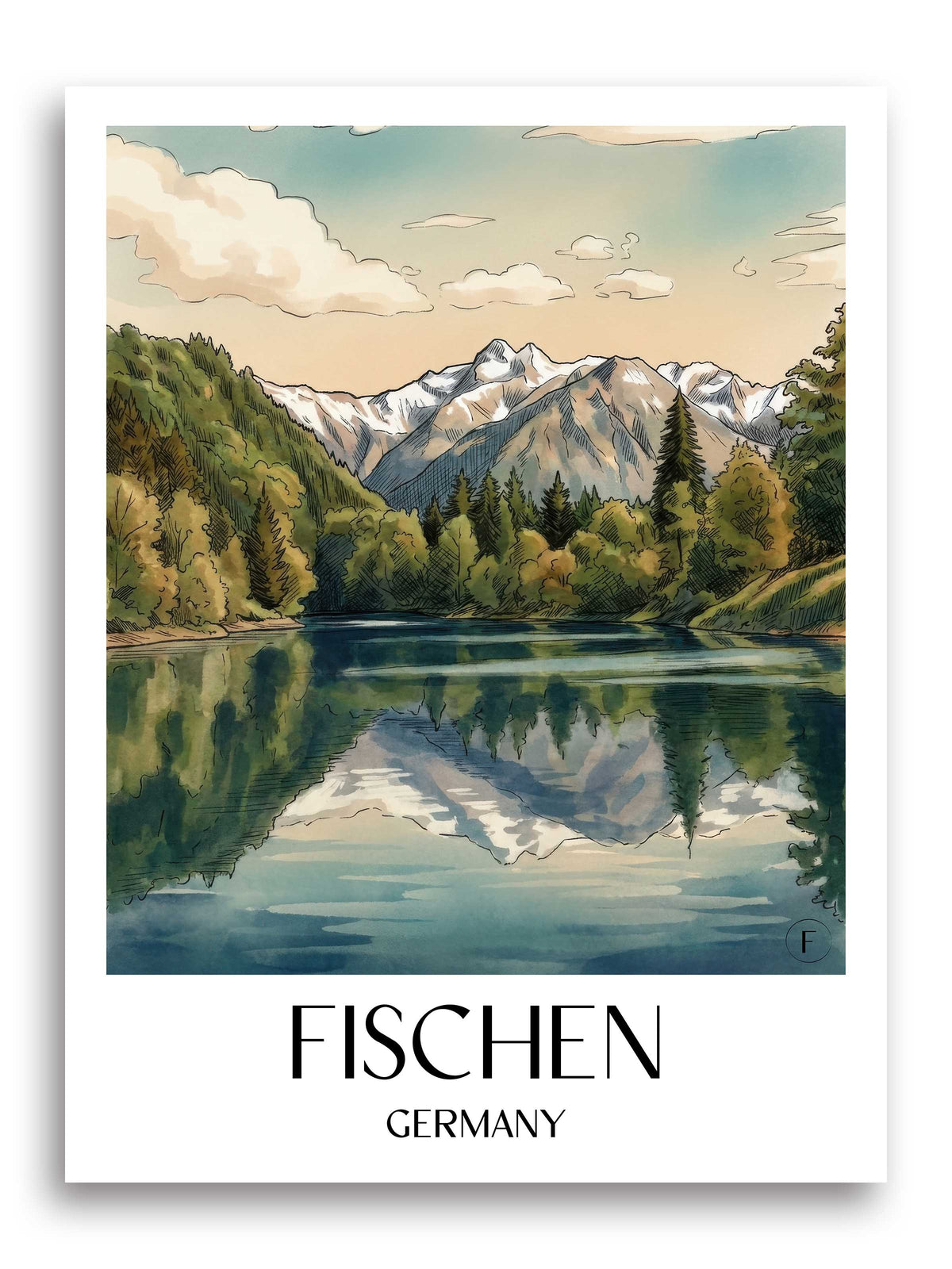 Fischen Poster - Oberallgäu - Deutschland Kunstdruck - Aquarell von A4 bis A1 - favplace