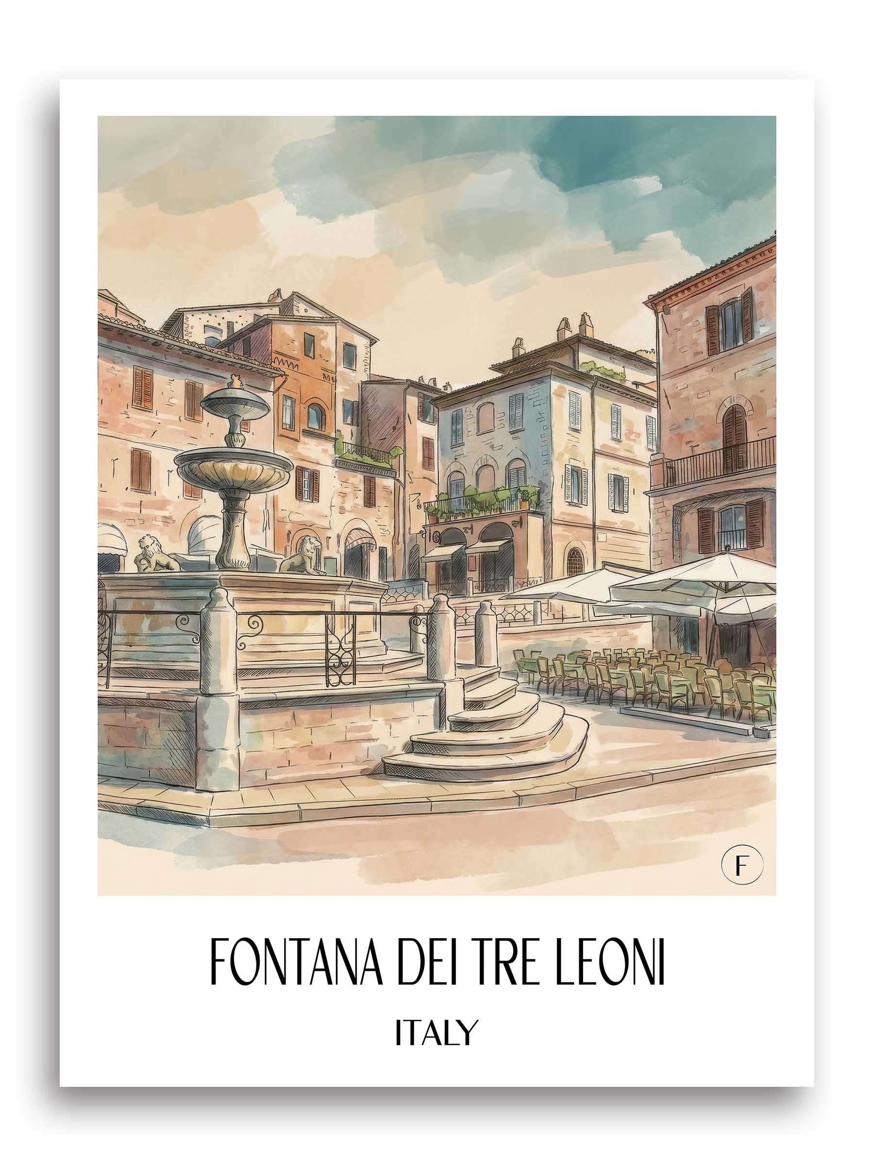 Fontana dei Tre Leoni Poster - Assisi - Italien Kunstdruck - Aquarell von A4 bis A1 - favplace