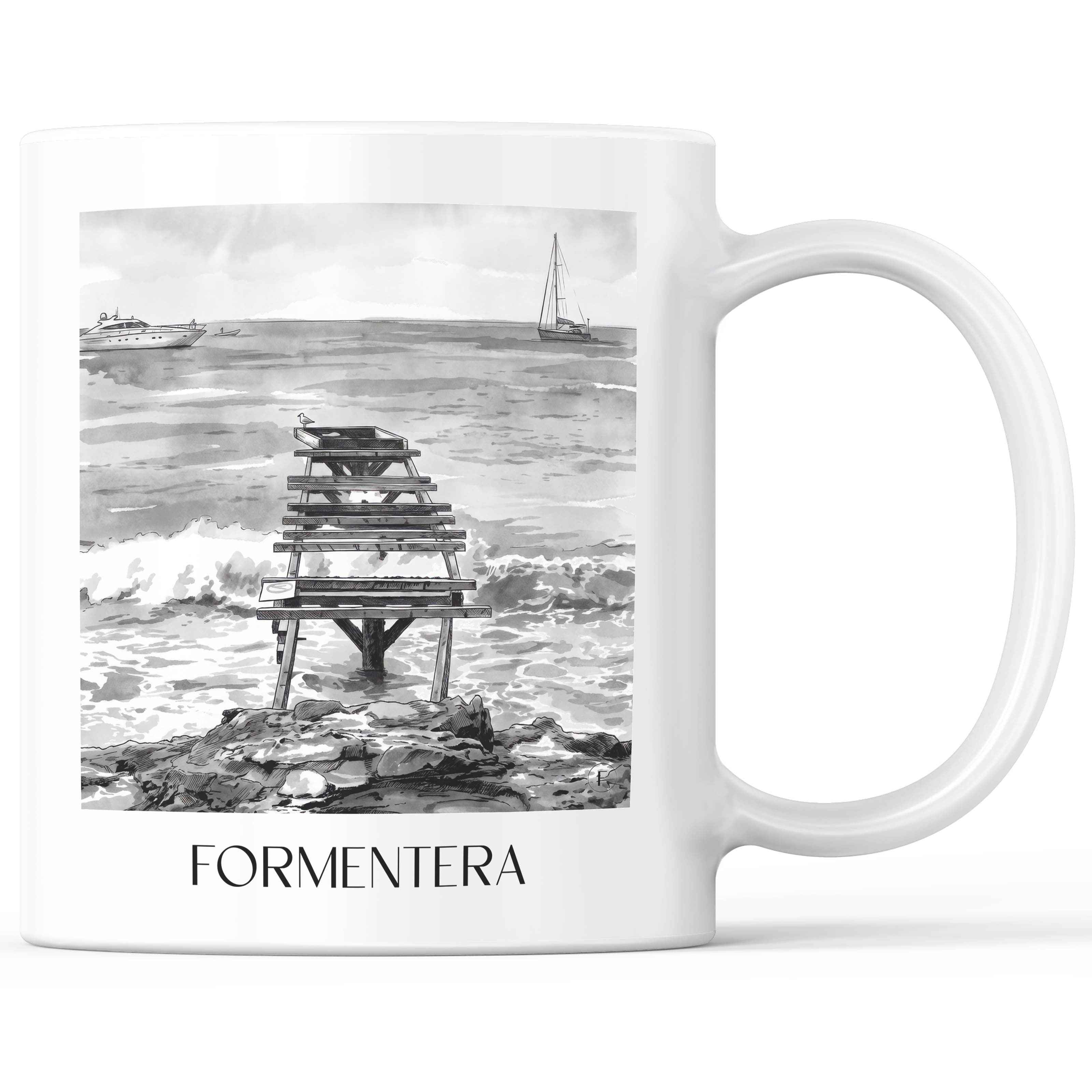 Formentera Kaffeebecher - Spanien - Spanien Becher - Kaffeetasse im Aquarell Schwarz-Weiß Stil - favplace