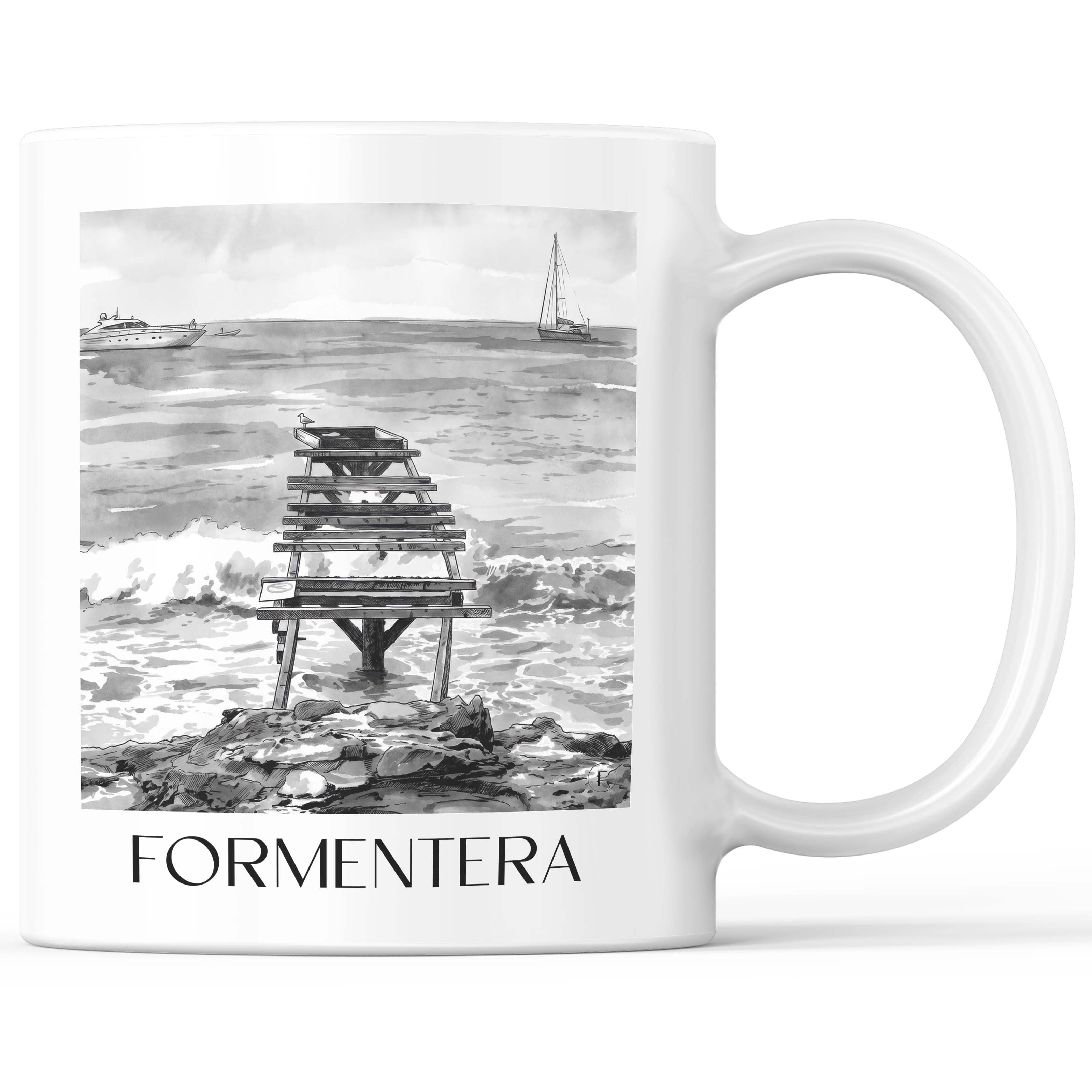Formentera Kaffeebecher - Spanien - Spanien Becher - Kaffeetasse im Aquarell Schwarz-Weiß Stil - favplace