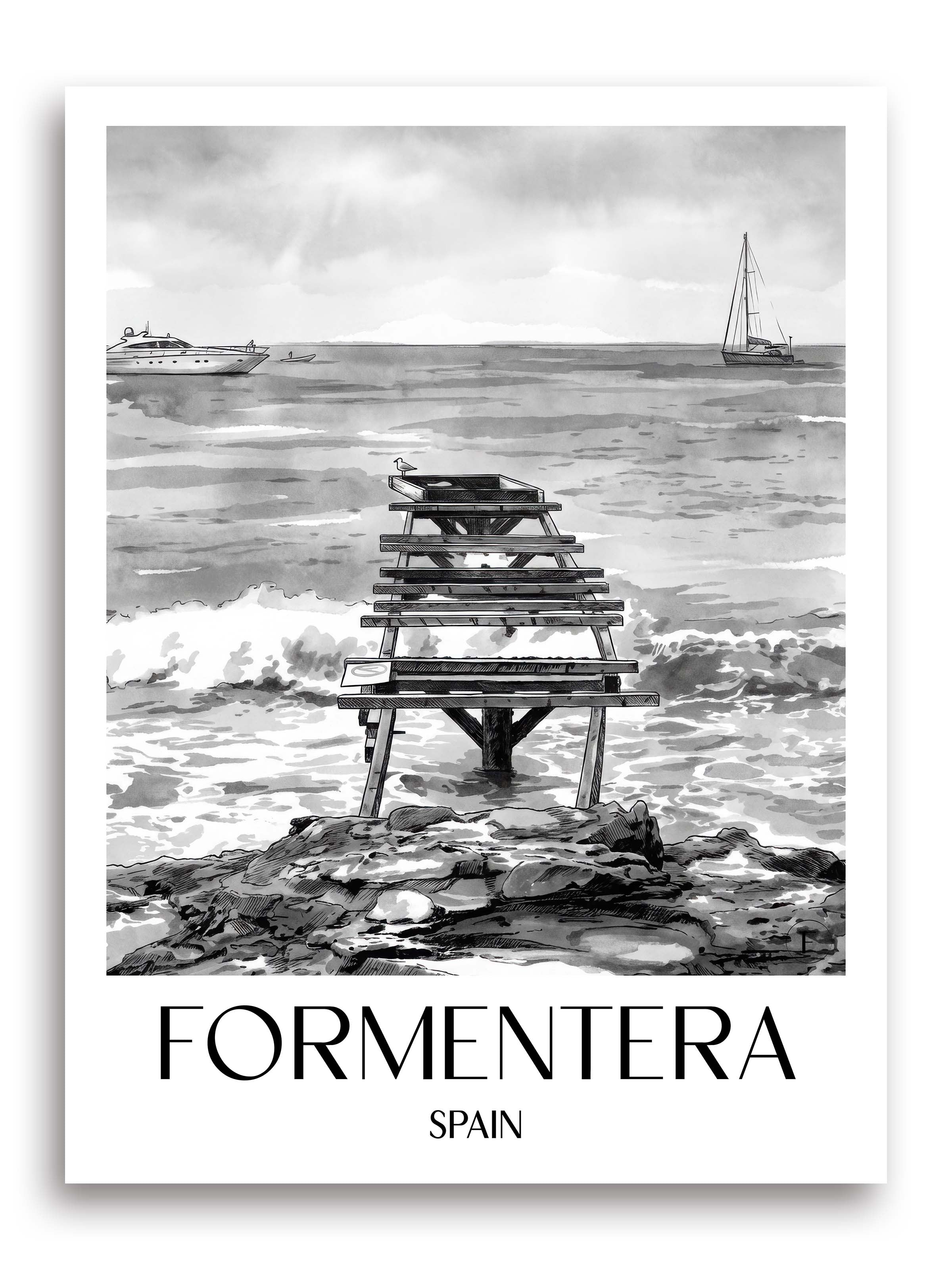 Formentera Poster - Spanien - Spanien und Spanien Kunstdruck - Aquarell Schwarz-Weiß von A4 bis A1 - favplace