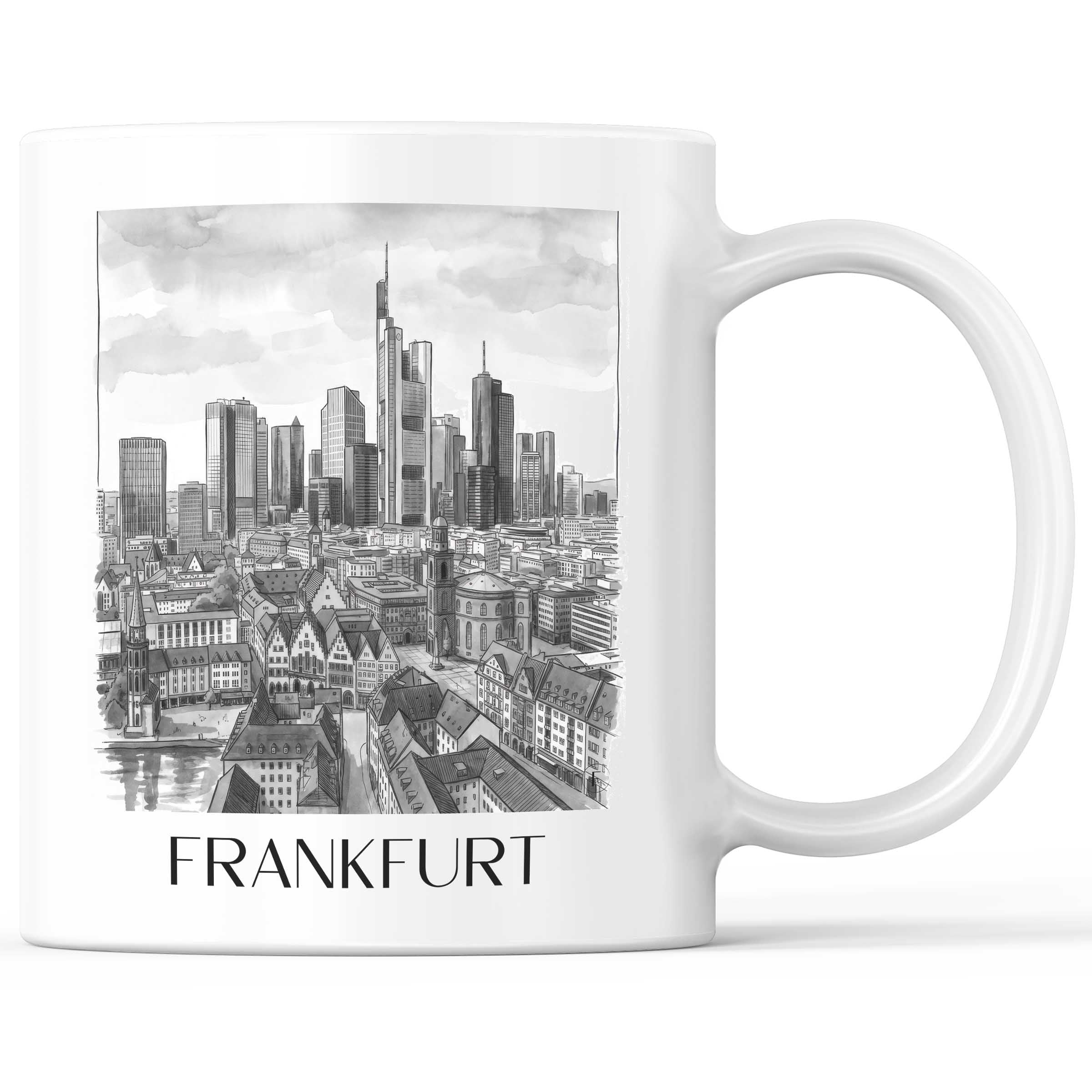 Frankfurt - Deutschland Becher - Kaffeetasse im Aquarell Schwarz-Weiß Stil - favplace