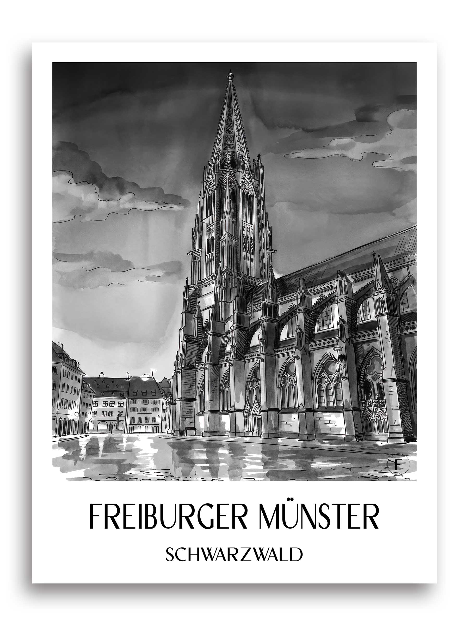 freiburger-münster-schwarzwald-deutschland-poster-aquarell-schwarz-weiss