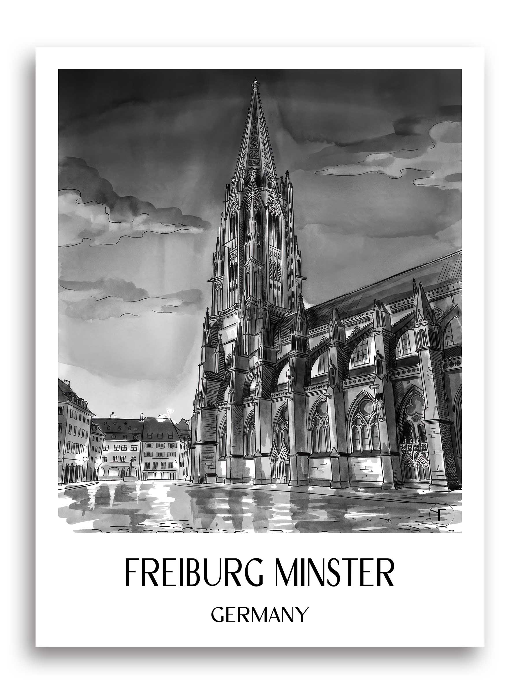 Freiburger Münster Poster - Schwarzwald - Deutschland Kunstdruck - Aquarell Schwarz-Weiß von A4 bis A1 - favplace