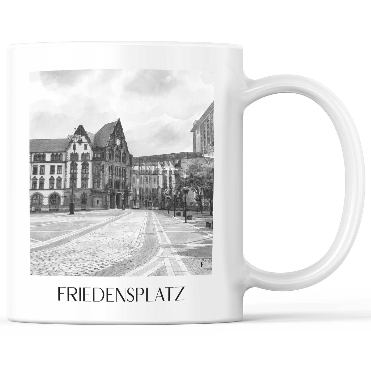 Friedensplatz Kaffeebecher - Dortmund - Deutschland Becher - Kaffeetasse im Aquarell Schwarz-Weiß Stil - favplace