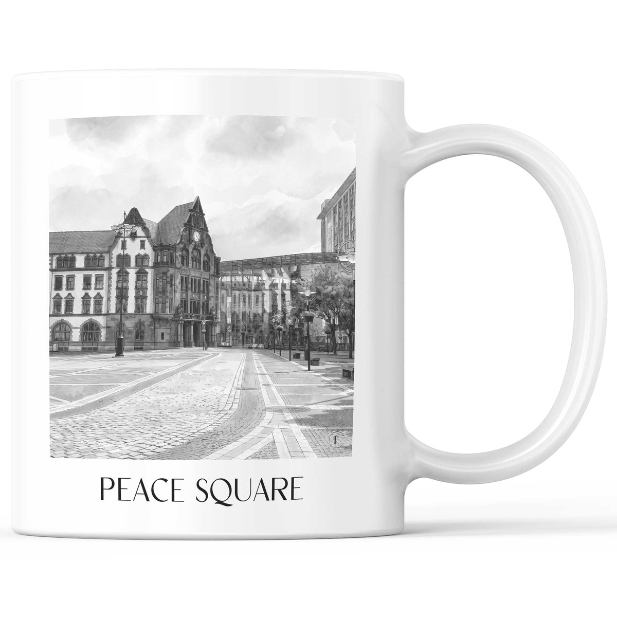 Friedensplatz Kaffeebecher - Dortmund - Deutschland Becher - Kaffeetasse im Aquarell Schwarz-Weiß Stil - favplace