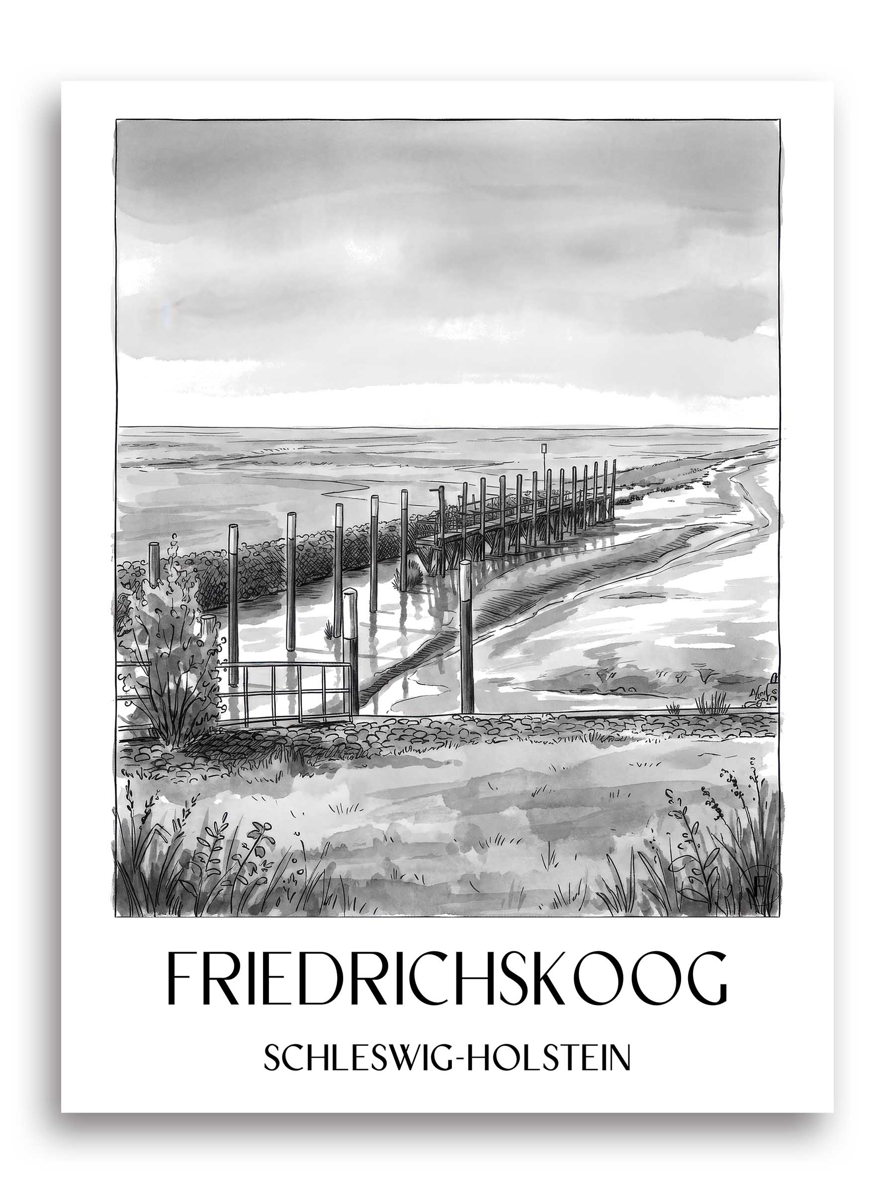 friedrichskoog-schleswig-holstein-deutschland-poster-aquarell-schwarz-weiss