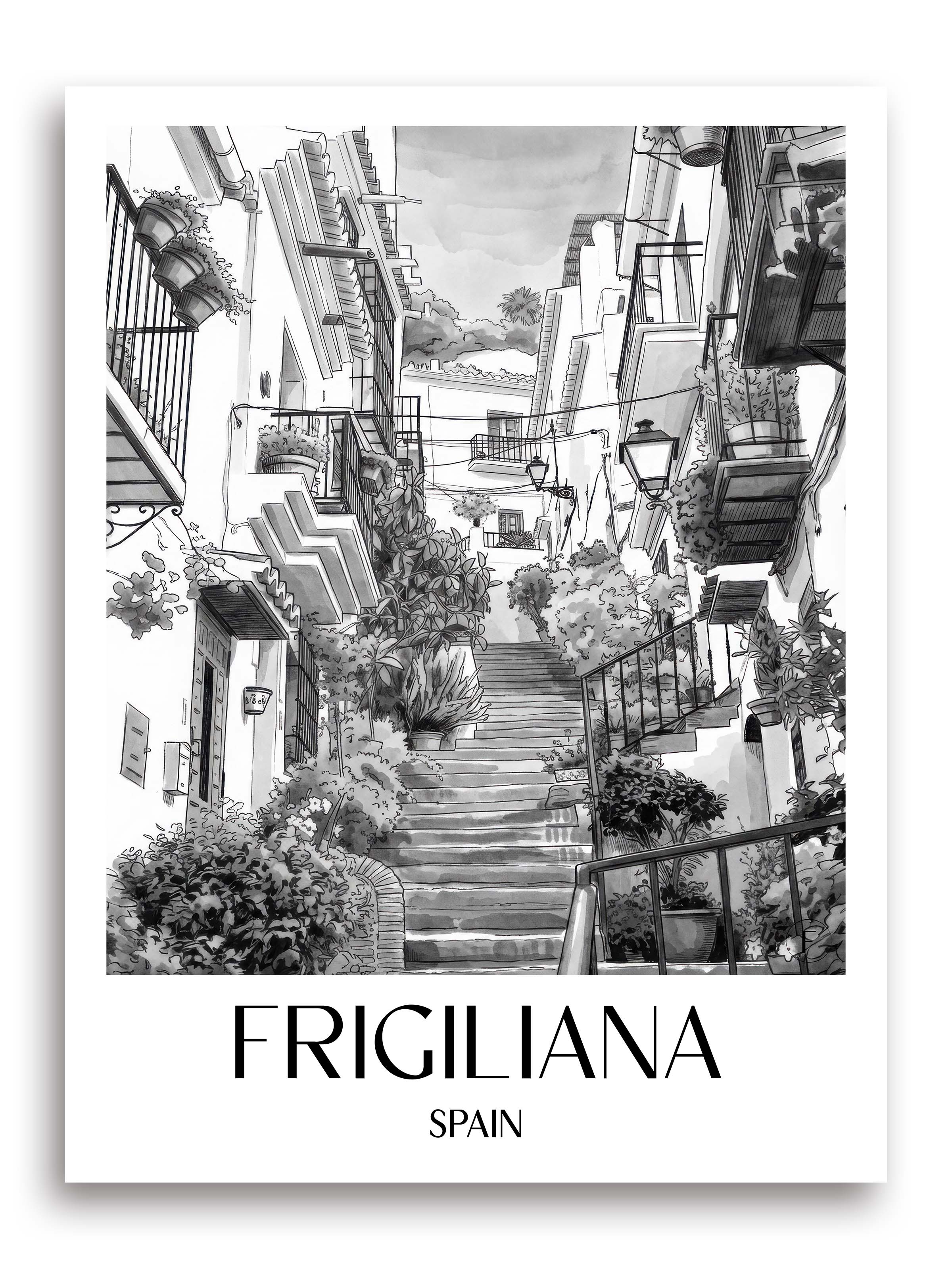 Frigiliana Poster - Spanien - Spanien Kunstdruck - Aquarell Schwarz-Weiß von A4 bis A1 - favplace