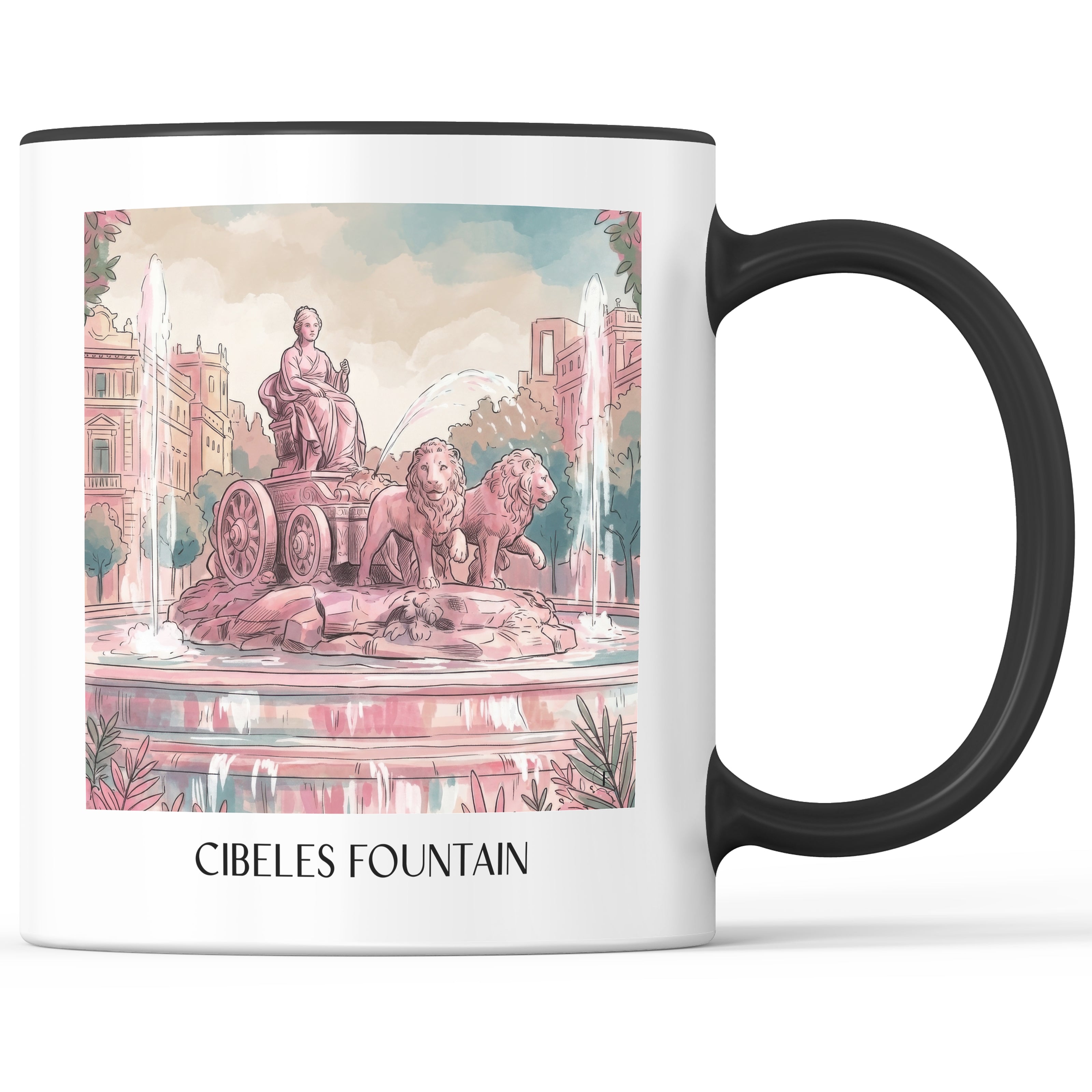 Fuente de Cibeles Kaffeebecher - Madrid - Spanien Becher - Kaffeetasse im Aquarell Pink Stil - favplace