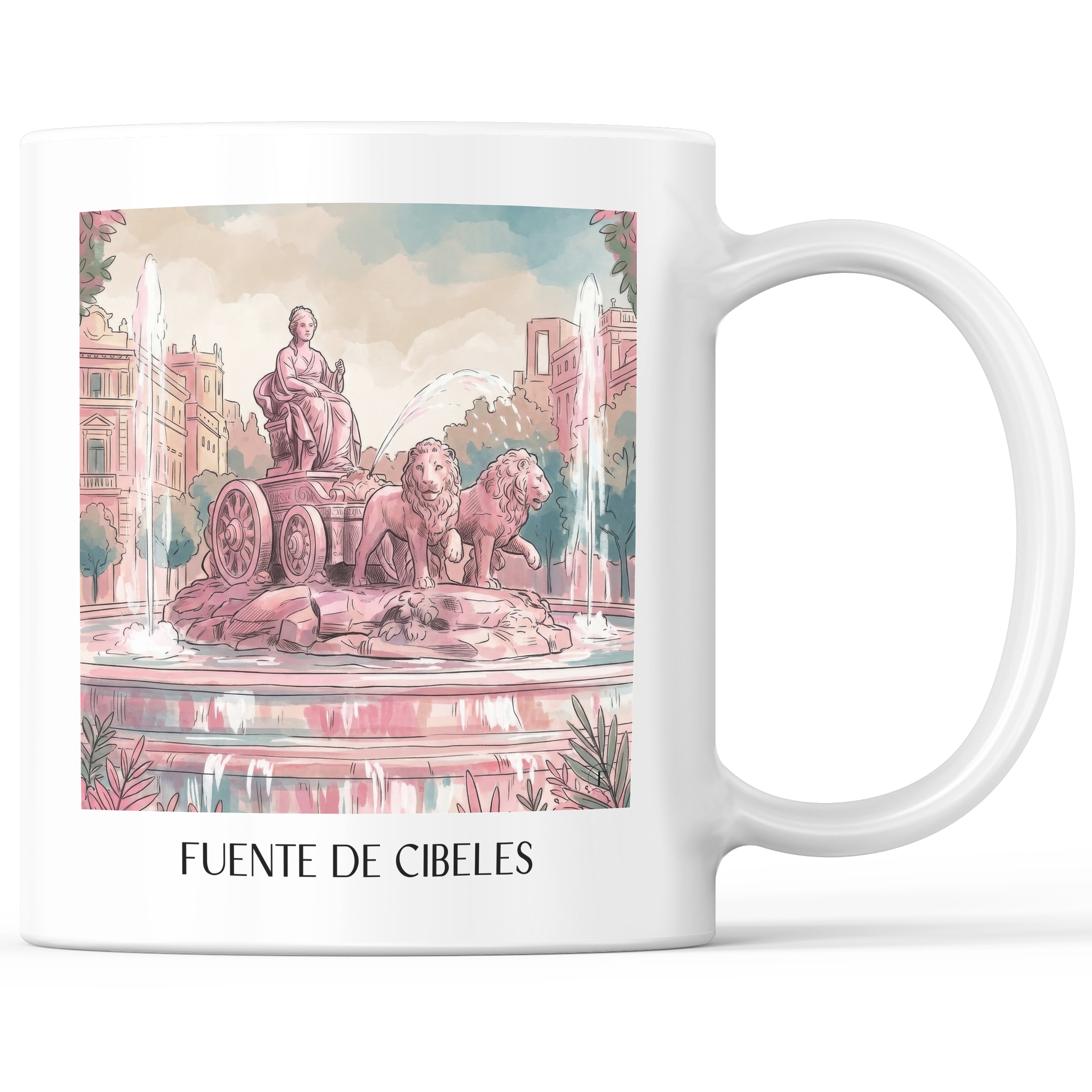 Fuente de Cibeles Kaffeebecher - Madrid - Spanien Becher - Kaffeetasse im Aquarell Pink Stil - favplace