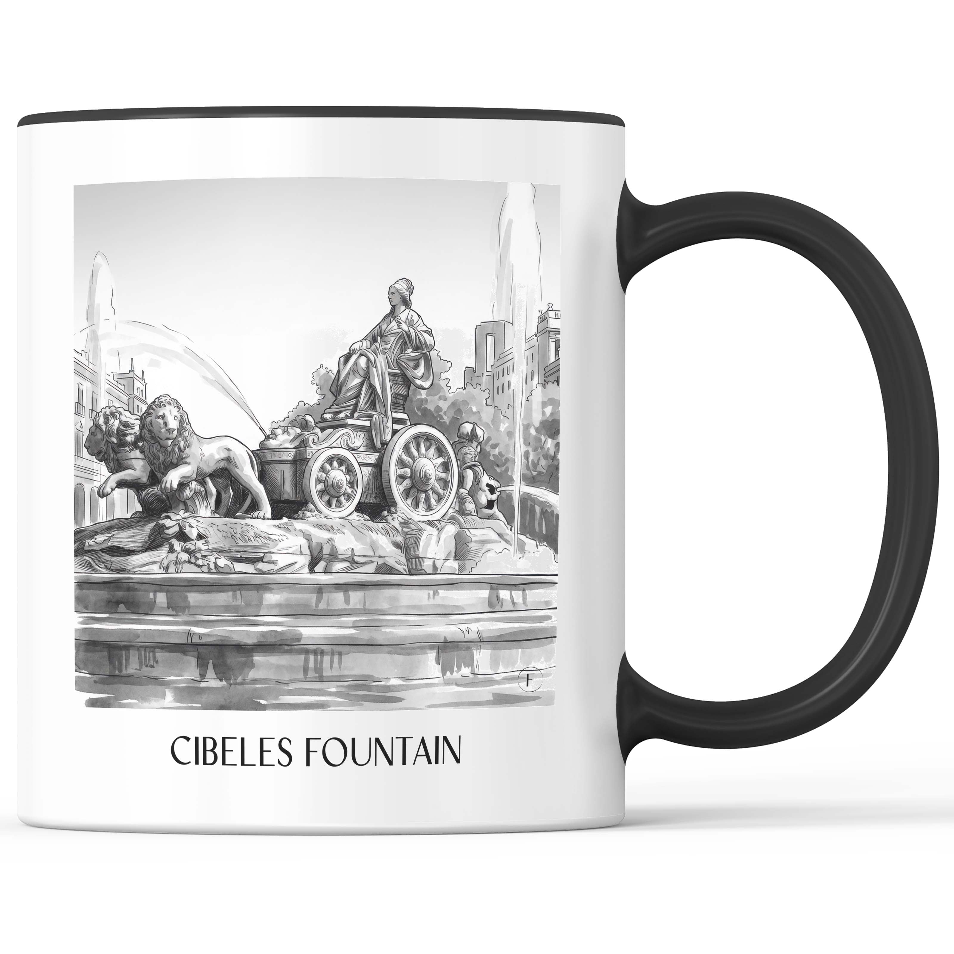 Fuente de Cibeles Kaffeebecher - Madrid - Spanien Becher - Kaffeetasse im Aquarell Schwarz-Weiß Stil - favplace