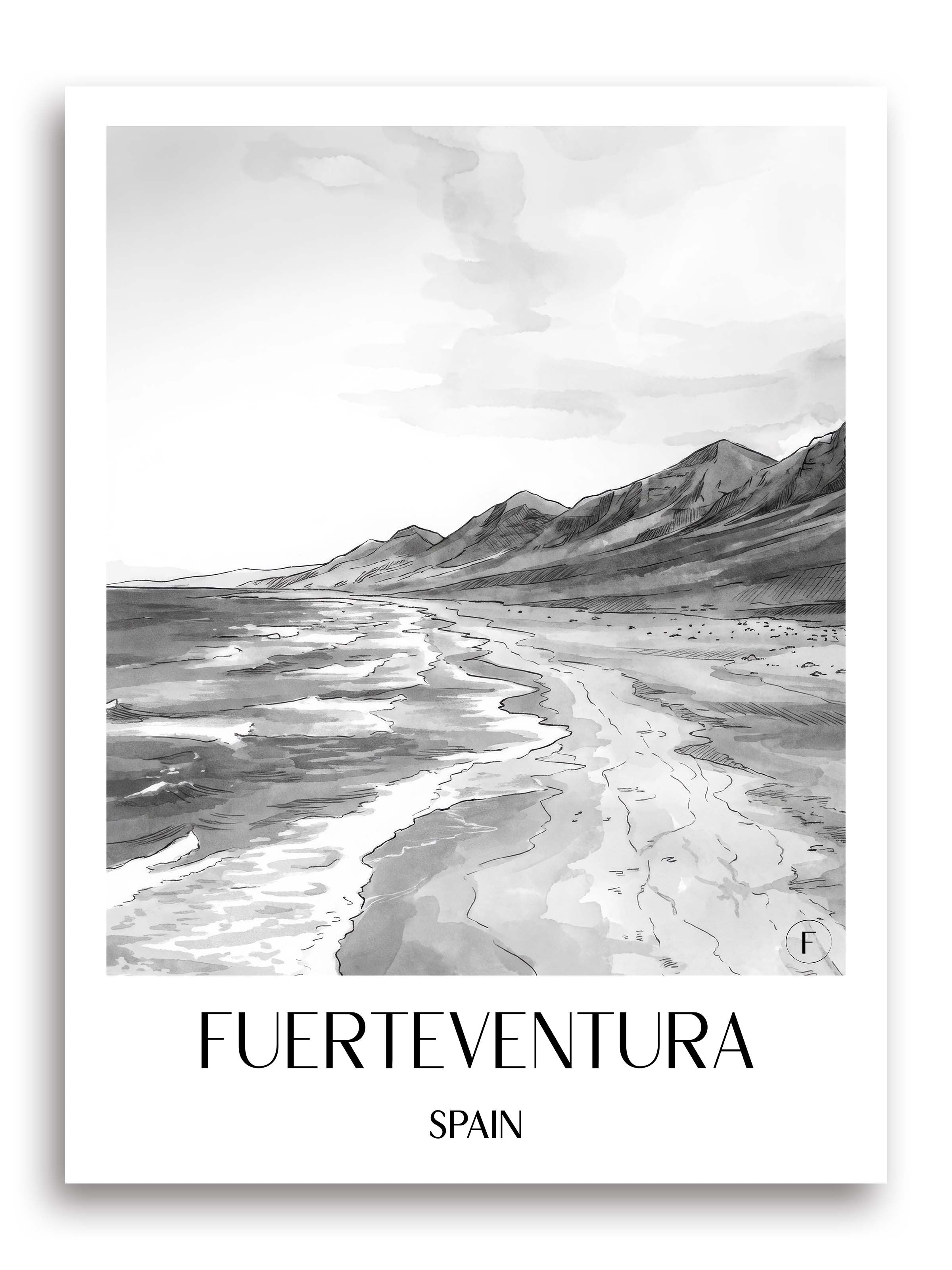 Fuerteventura Poster - Spanien - Spanien Kunstdruck - Aquarell Schwarz-Weiß von A4 bis A1 - favplace