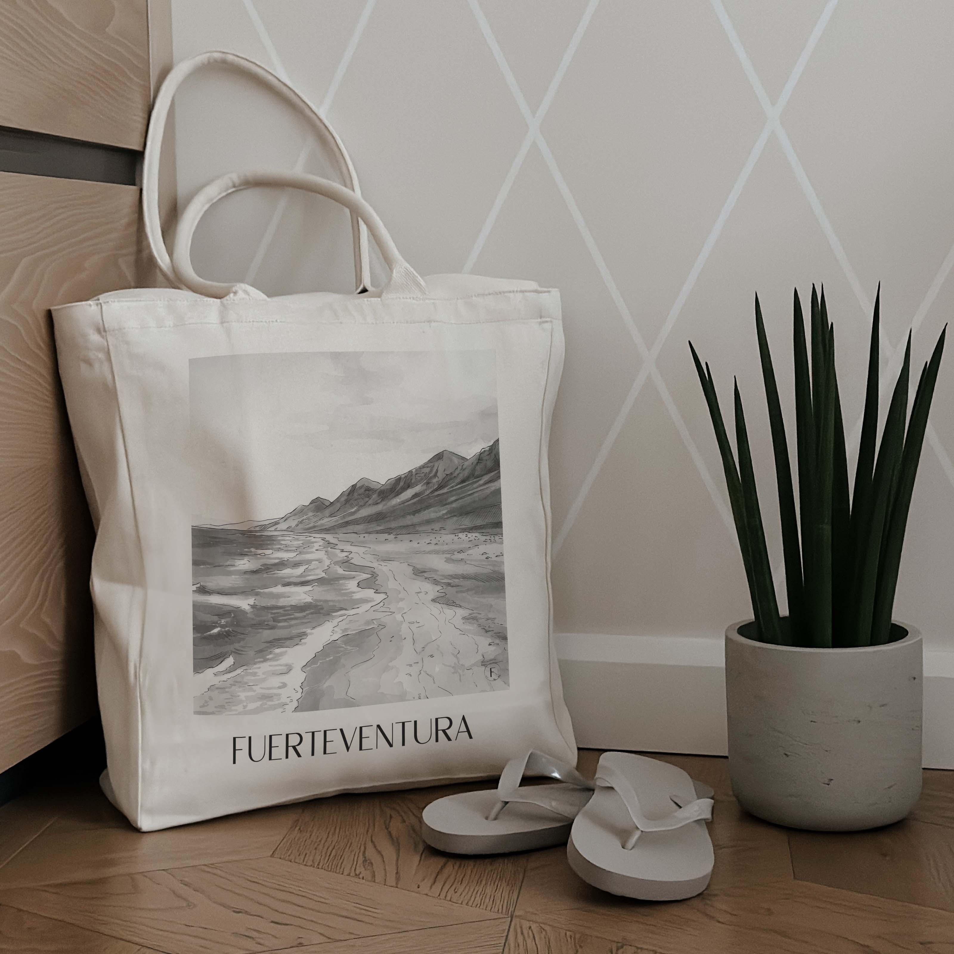 fuerteventura-spanien-spanien-einkaufstasche-aquarell-schwarz-weiss