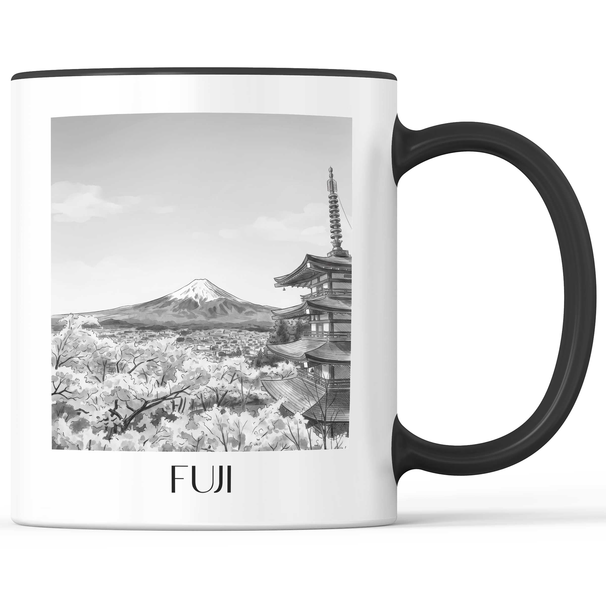 Fuji, Japan - Japan Becher - Kaffeetasse im Aquarell Schwarz-Weiß Stil - favplace