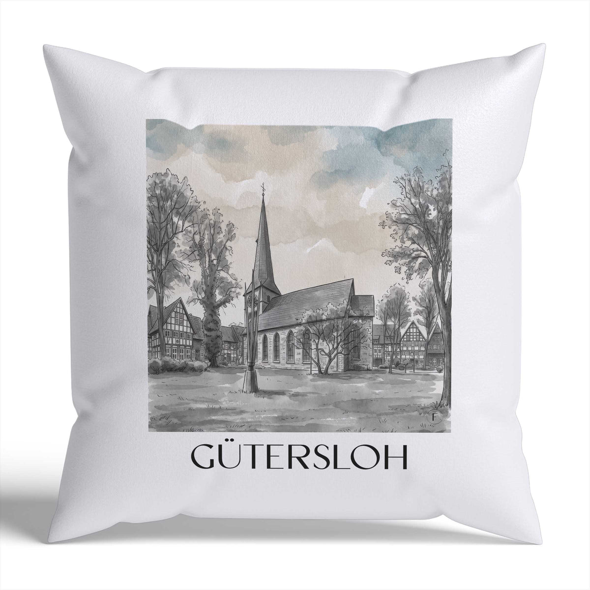 Gütersloh Kissenhülle - Zierkissen Bezug - Ostwestfalen - Deutschland Kissen bzw. Kissenbezug im Aquarell Schwarz-Weiß Stil - favplace