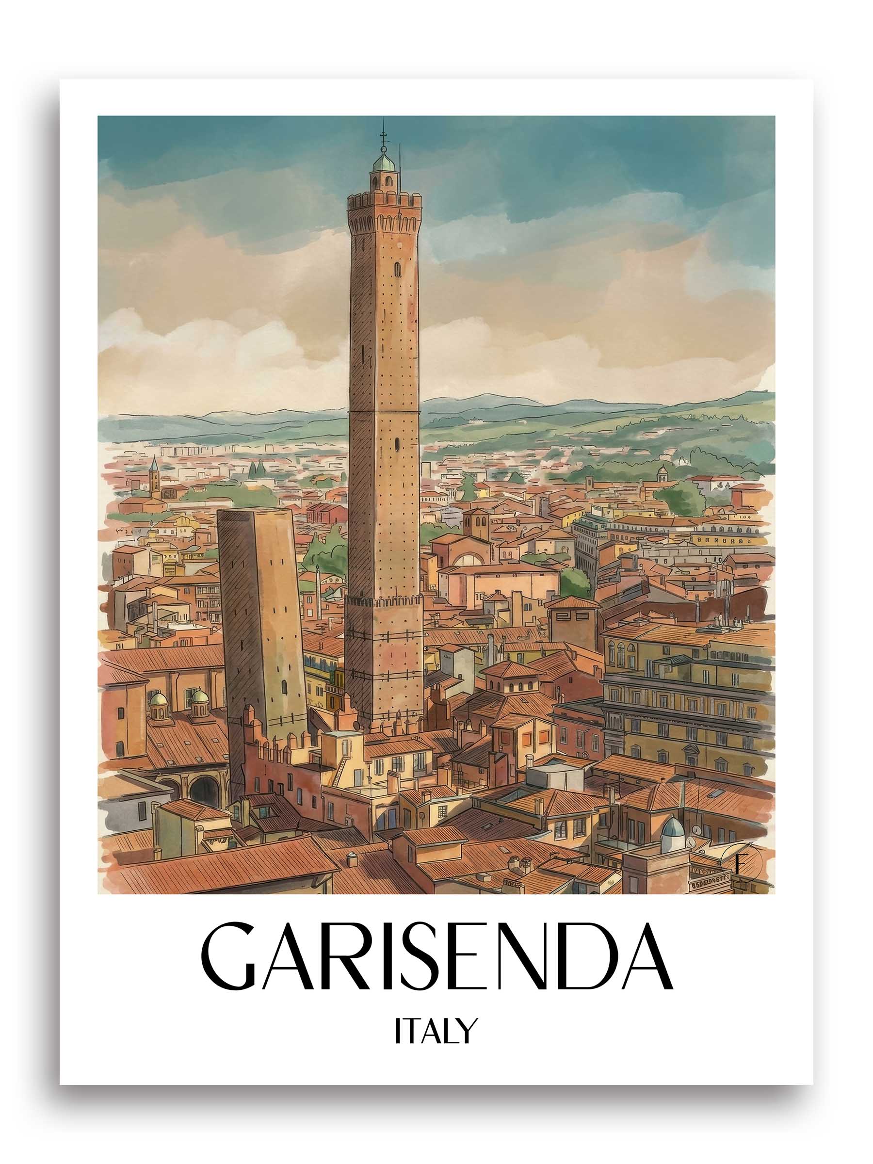 Garisenda Poster - Bologna - Italien Kunstdruck - Aquarell von A4 bis A1 - favplace