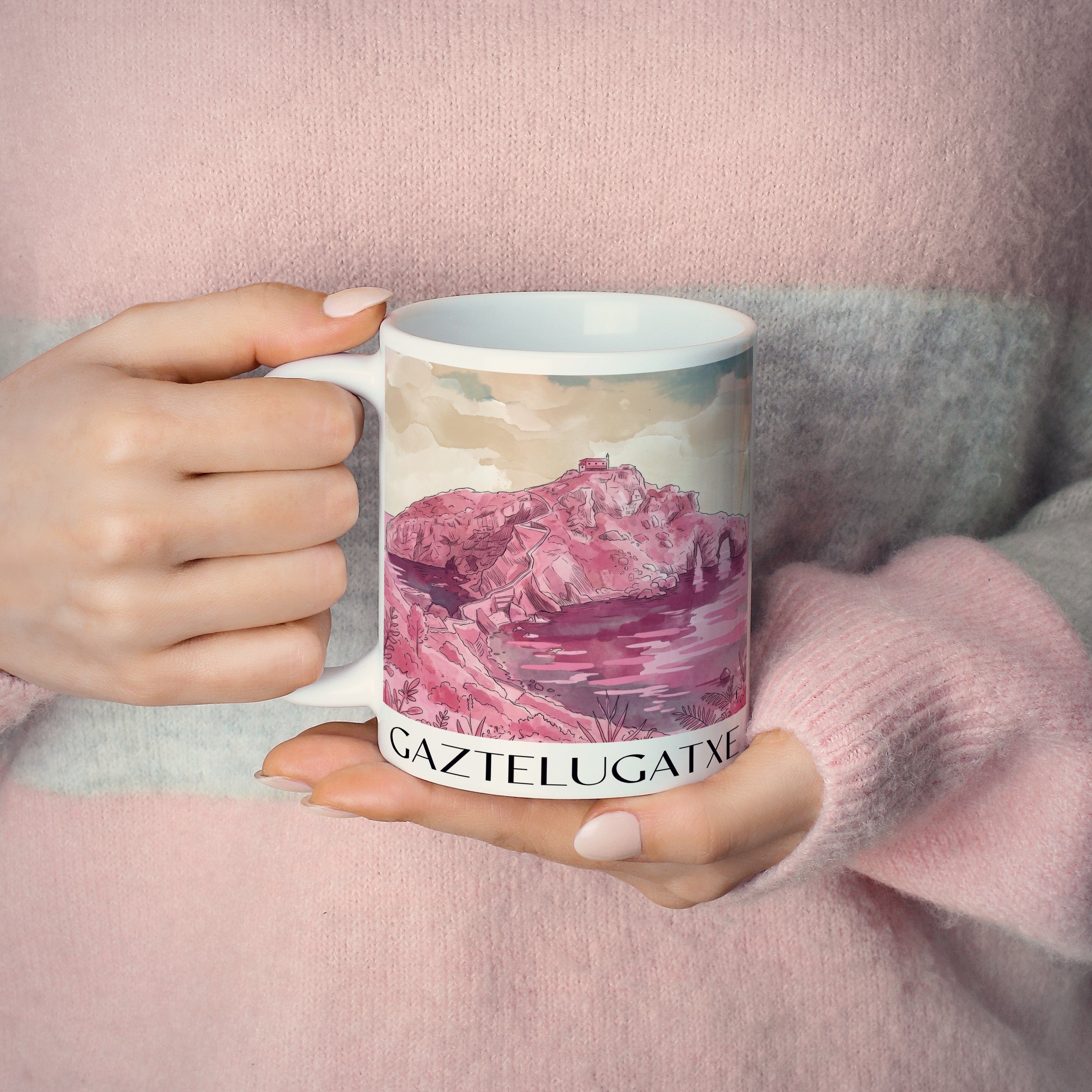 gaztelugatxe-spanien-spanien-kaffeebecher-aquarell-pink-rosa