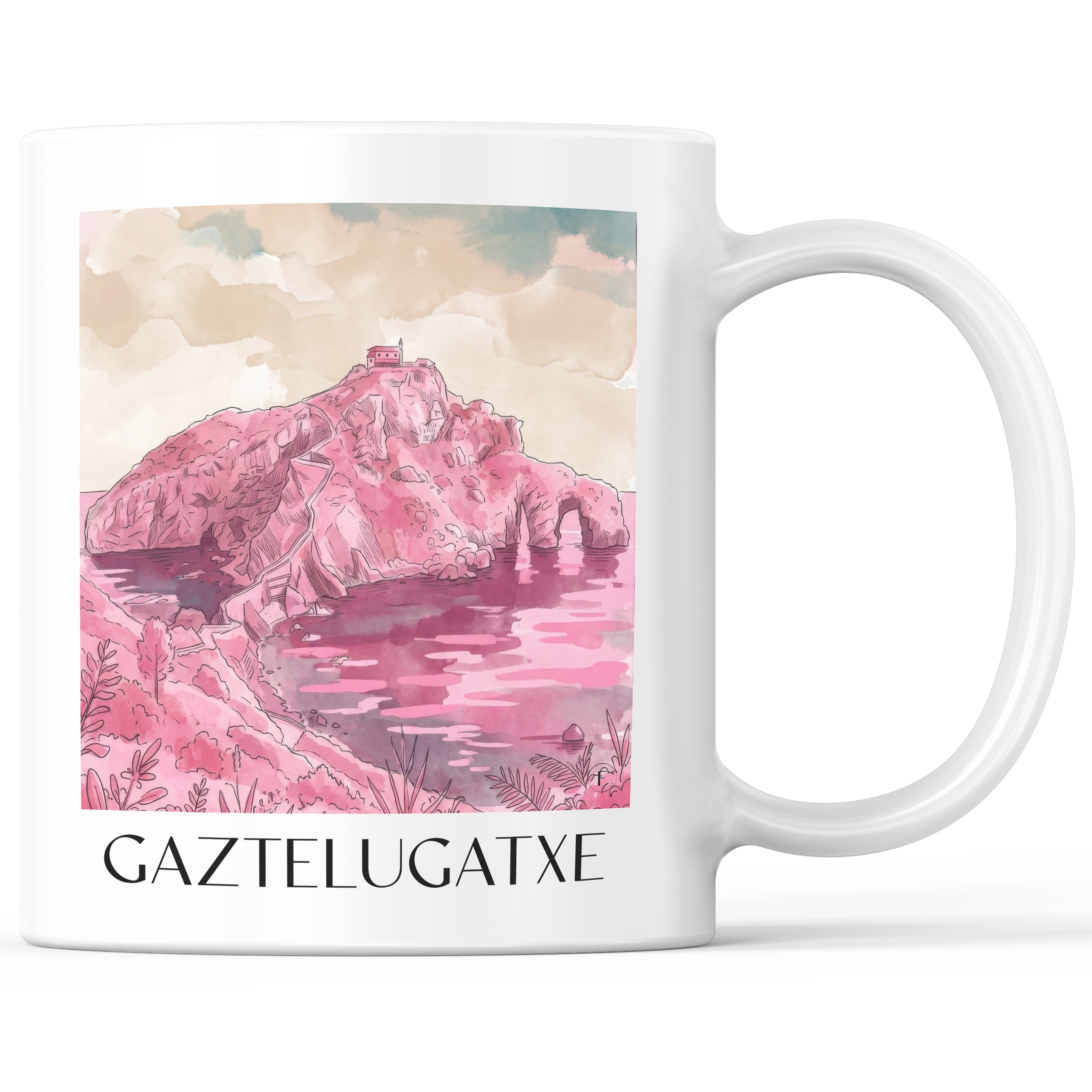 Gaztelugatxe Kaffeebecher - Spanien - Spanien Becher - Kaffeetasse im Aquarell Pink Stil - favplace