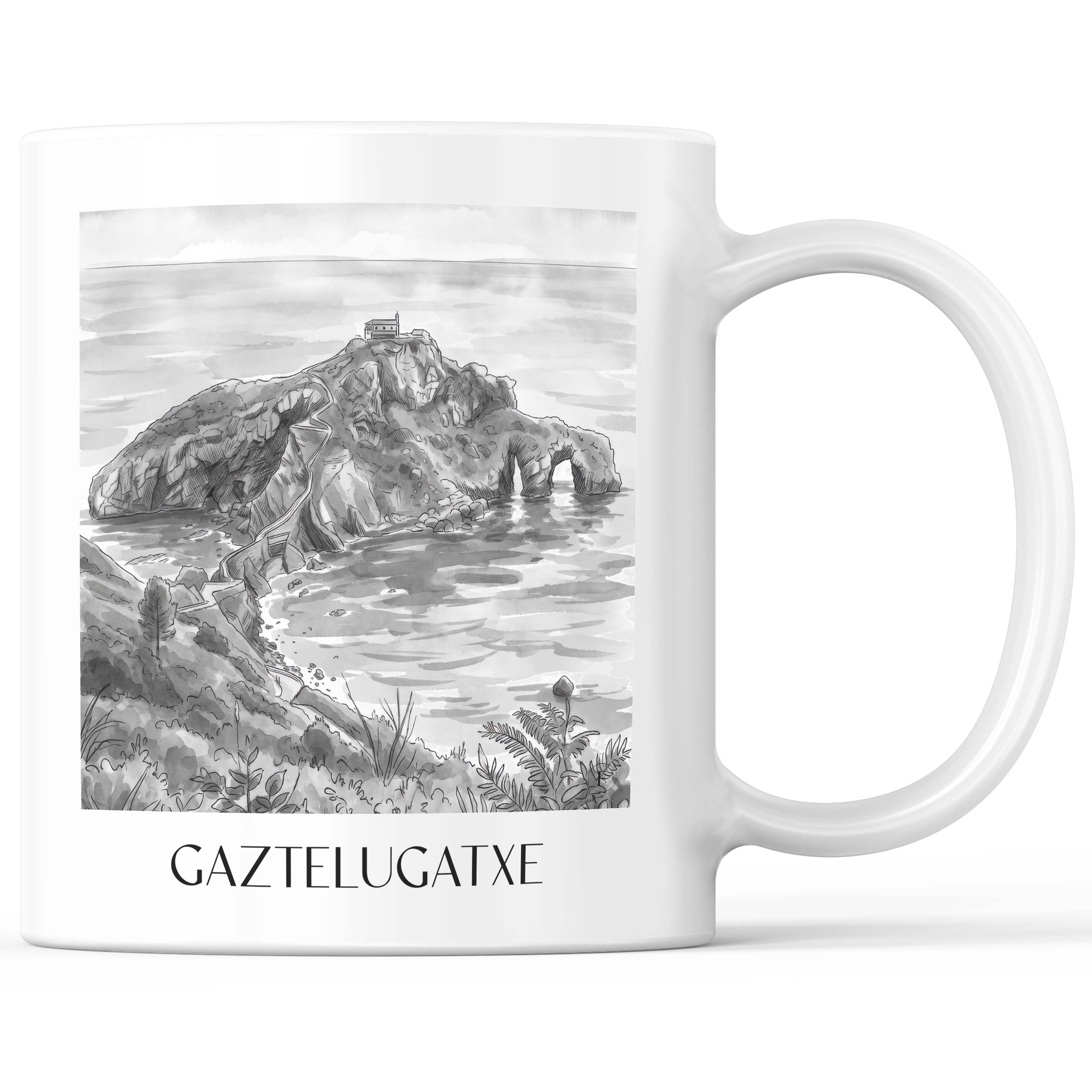 Gaztelugatxe Kaffeebecher - Spanien - Spanien Becher - Kaffeetasse im Aquarell Schwarz-Weiß Stil - favplace