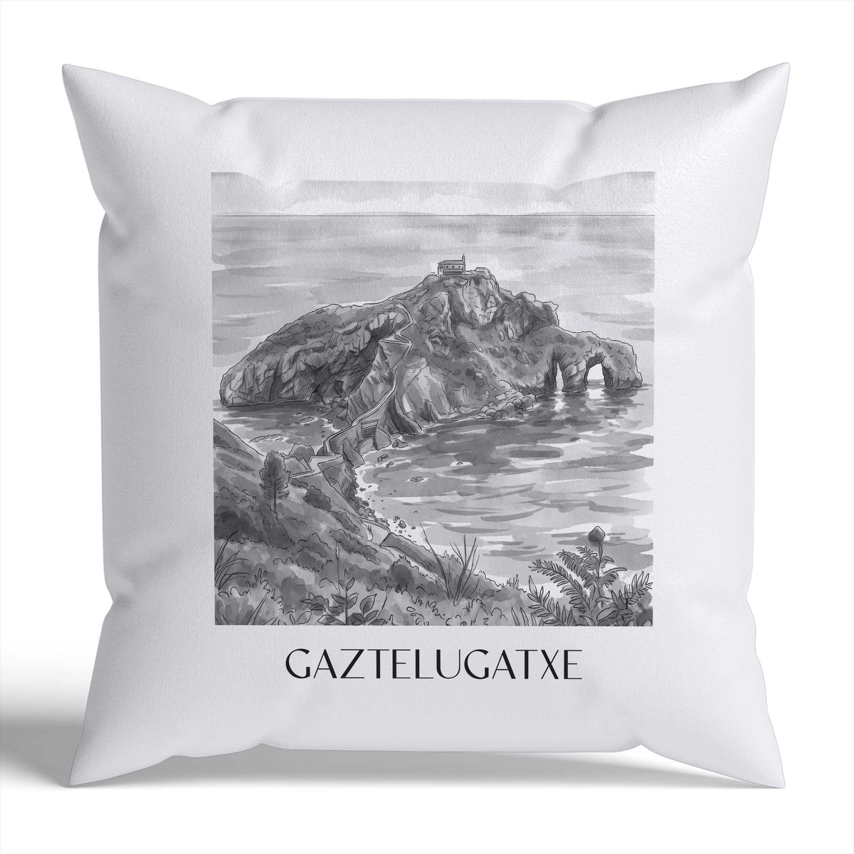 Gaztelugatxe Kissenhülle - Zierkissen Bezug - Spanien - Spanien Kissen bzw. Kissenbezug im Aquarell Schwarz-Weiß Stil - favplace