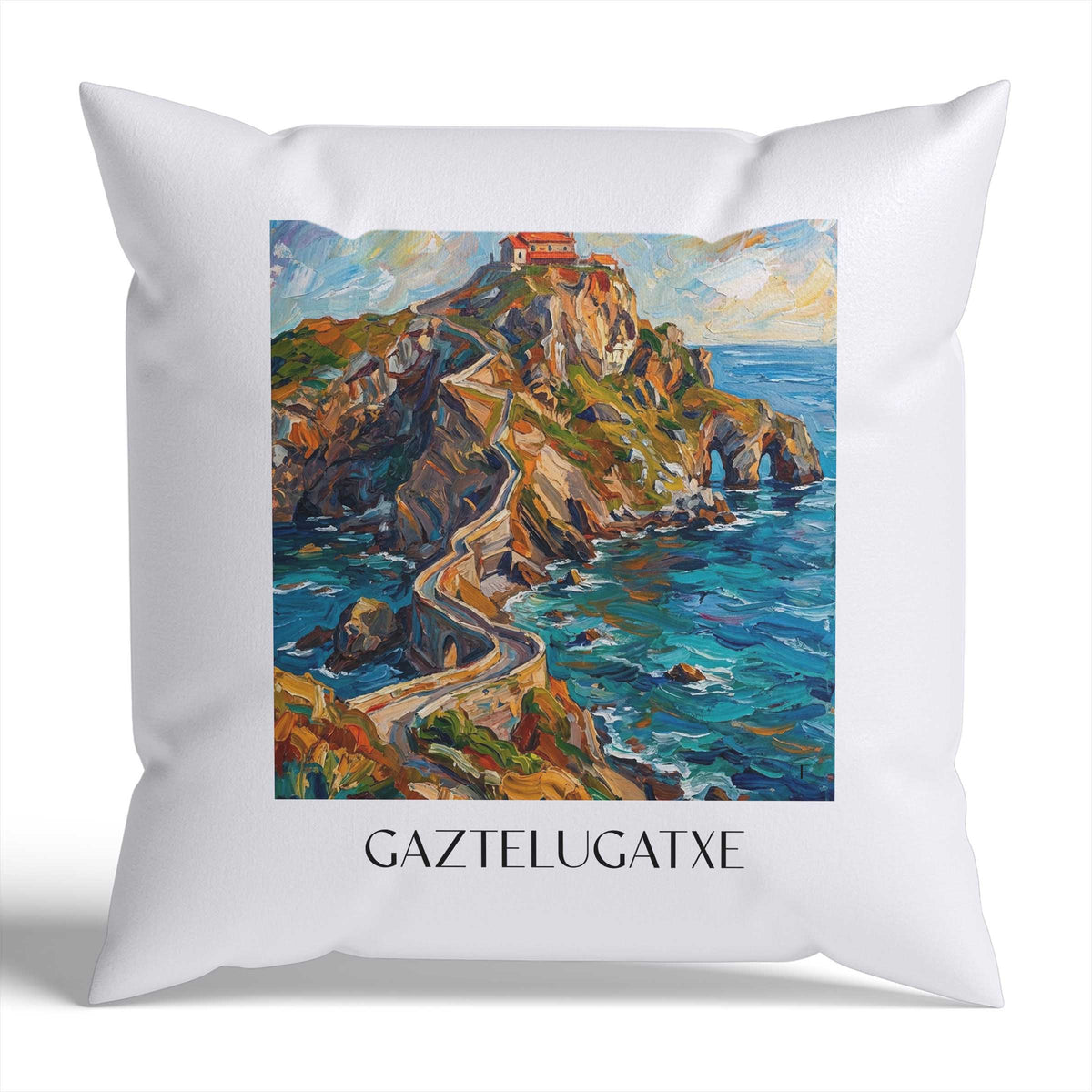 Gaztelugatxe Kissenhülle - Zierkissen Bezug - Spanien - Spanien Kissen bzw. Kissenbezug im Ölgemälde Stil - favplace
