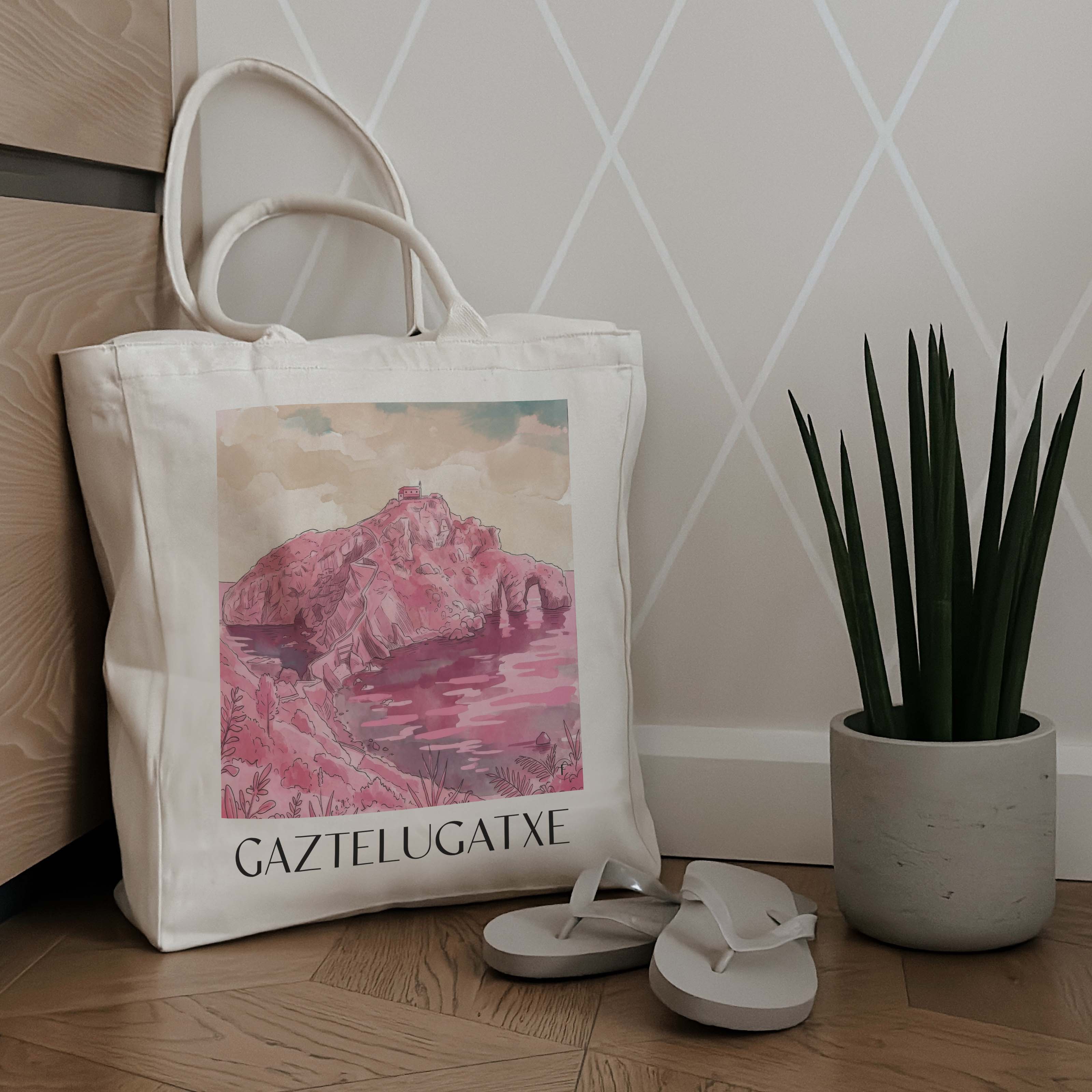 gaztelugatxe-spanien-spanien-einkaufstasche-aquarell-pink-rosa