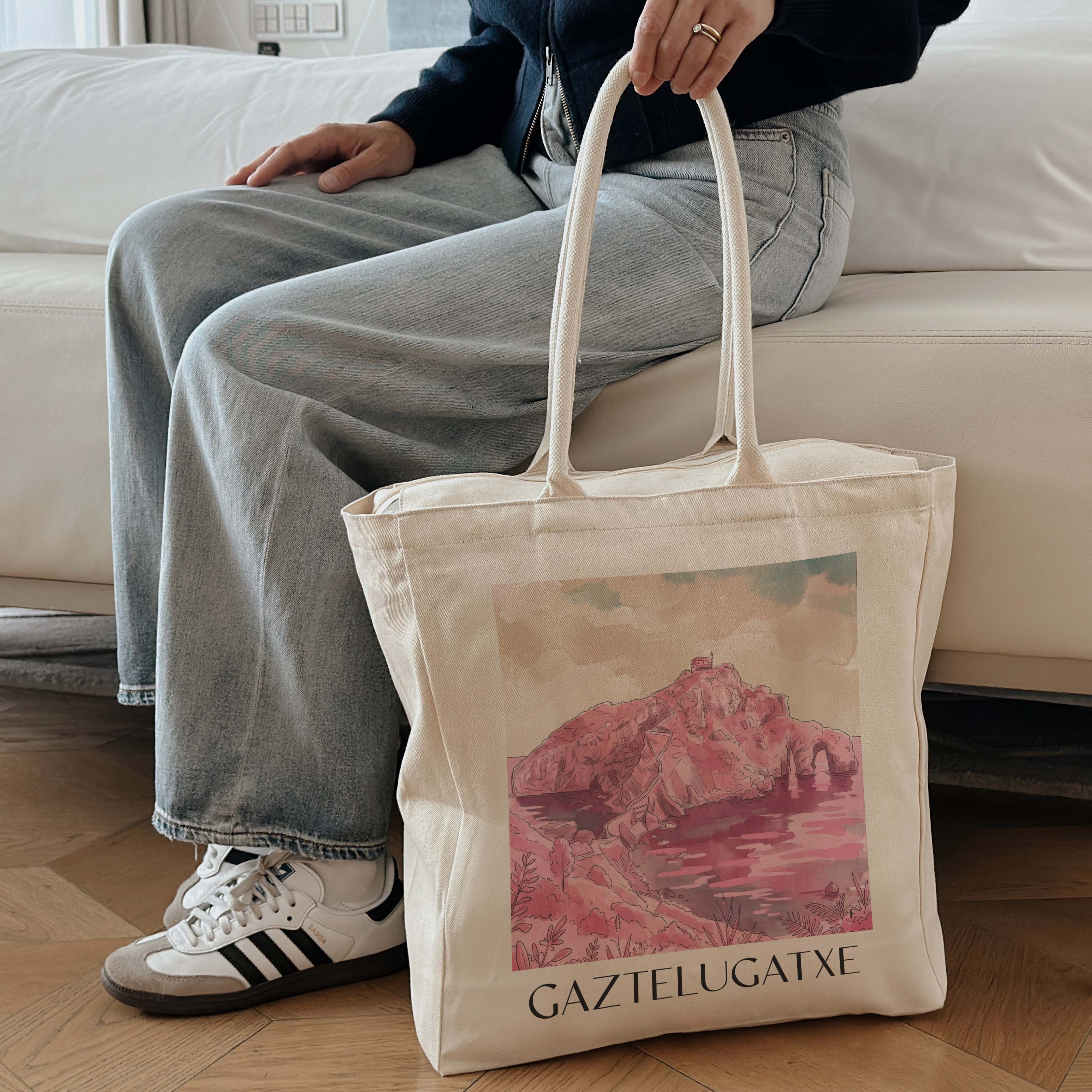 gaztelugatxe-spanien-spanien-einkaufstasche-aquarell-pink-rosa