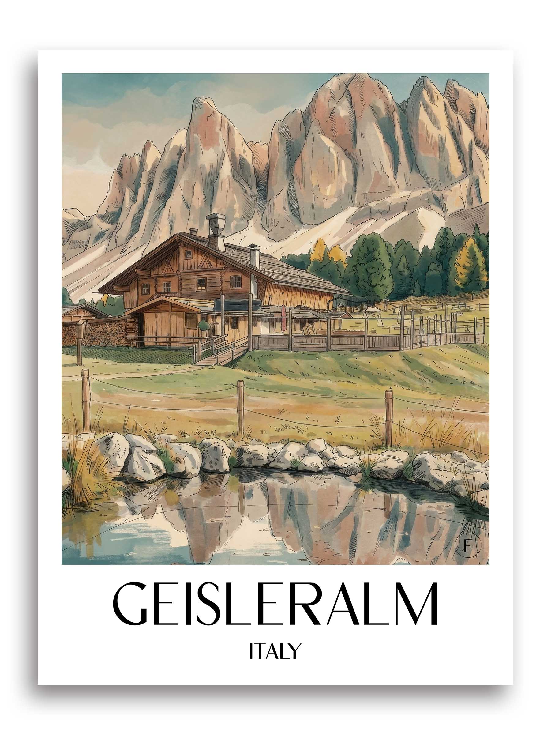 Geisleralm Poster - Dolomiten - Italien Kunstdruck - Aquarell von A4 bis A1 - favplace