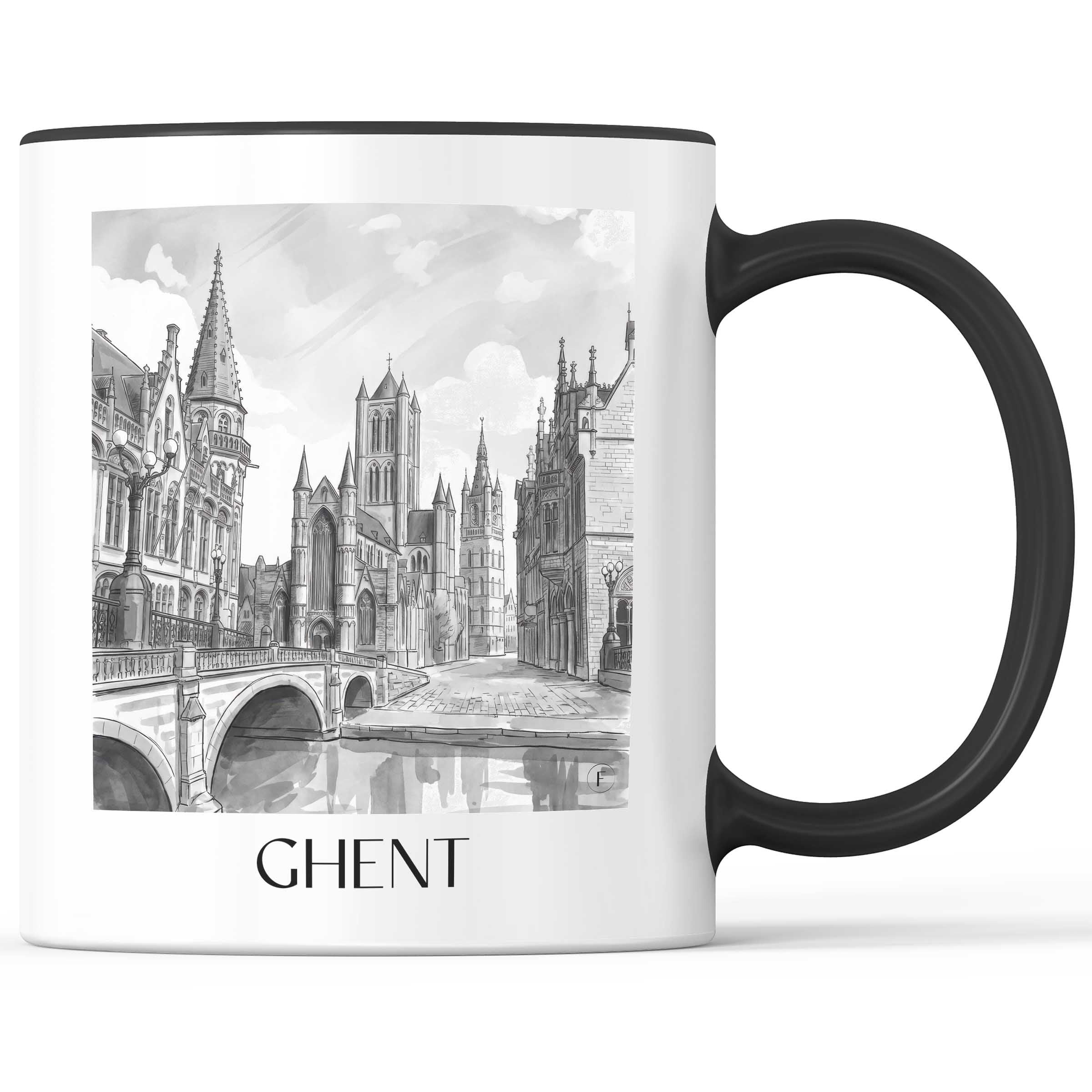 Gent Kaffeebecher - Belgien - Belgien Becher - Kaffeetasse im Aquarell Schwarz-Weiß Stil - favplace