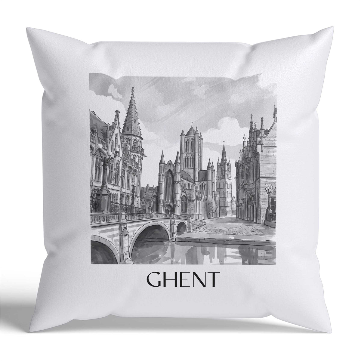 Gent Kissenhülle - Zierkissen Bezug - Belgien - Belgien Kissen bzw. Kissenbezug im Aquarell Schwarz-Weiß Stil - favplace