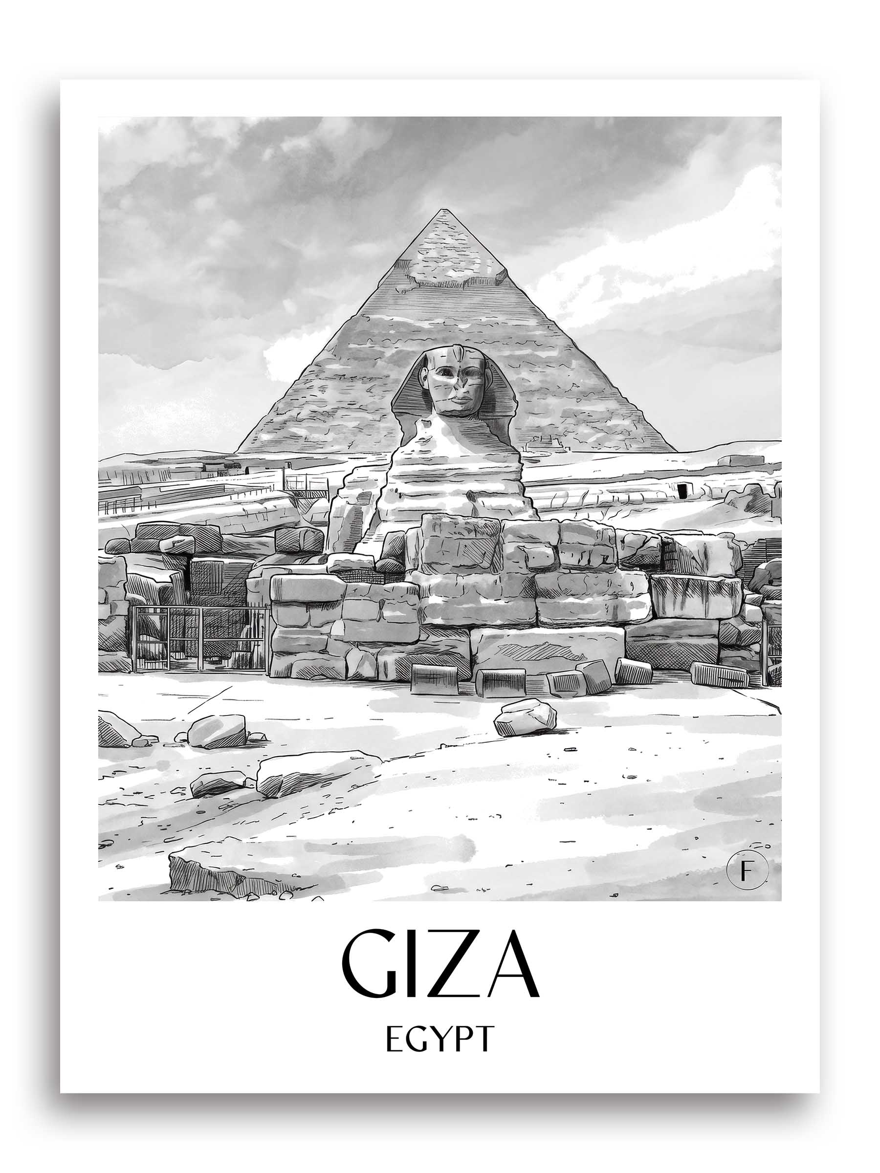 Gizeh Poster - - Ägypten Kunstdruck - Aquarell Schwarz-Weiß von A4 bis A1 - favplace