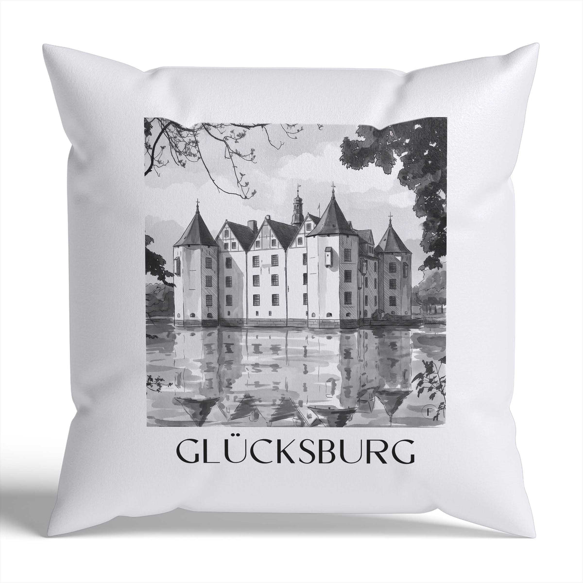 Glücksburg Kissenhülle - Zierkissen Bezug - Schleswig - Deutschland Kissen bzw. Kissenbezug im Aquarell Schwarz-Weiß Stil - favplace