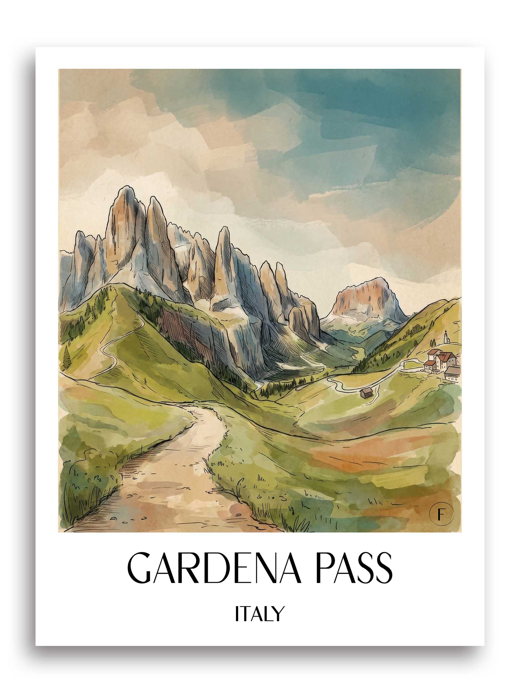 Grödner Joch Poster - Dolomiten - Italien Kunstdruck - Aquarell von A4 bis A1 - favplace