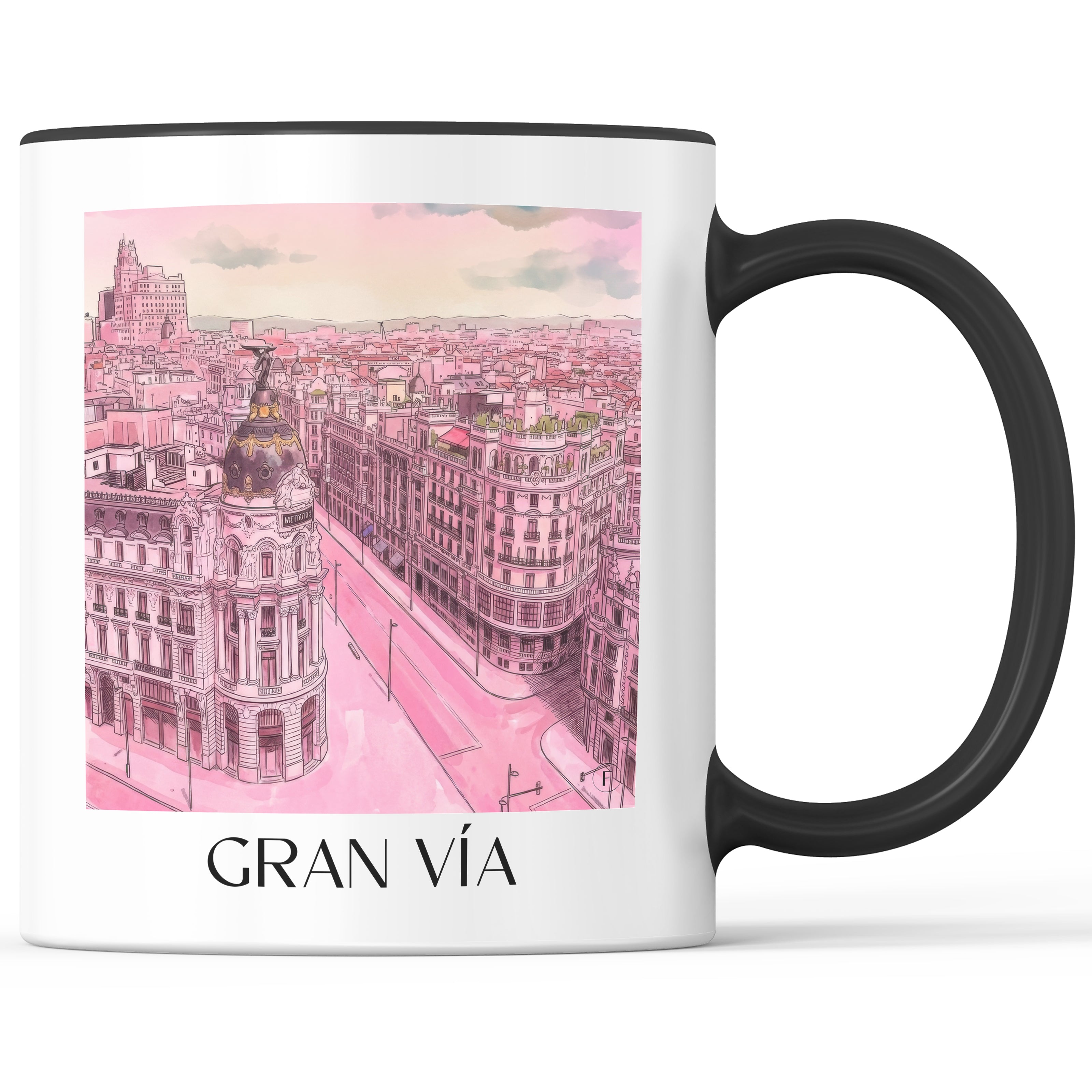 Gran Vía Kaffeebecher - Madrid - Spanien Becher - Kaffeetasse im Aquarell Pink Stil - favplace