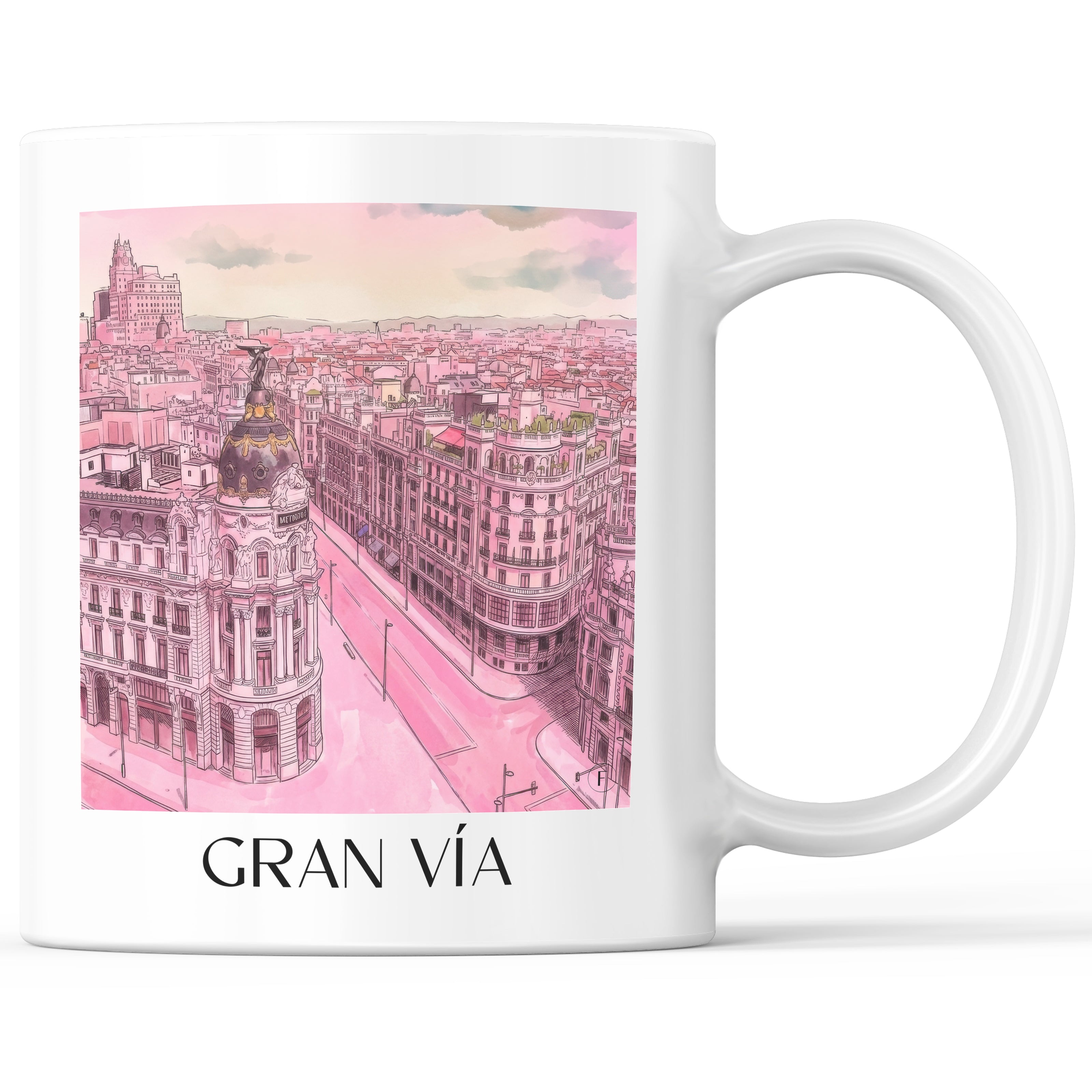 Gran Vía Kaffeebecher - Madrid - Spanien Becher - Kaffeetasse im Aquarell Pink Stil - favplace