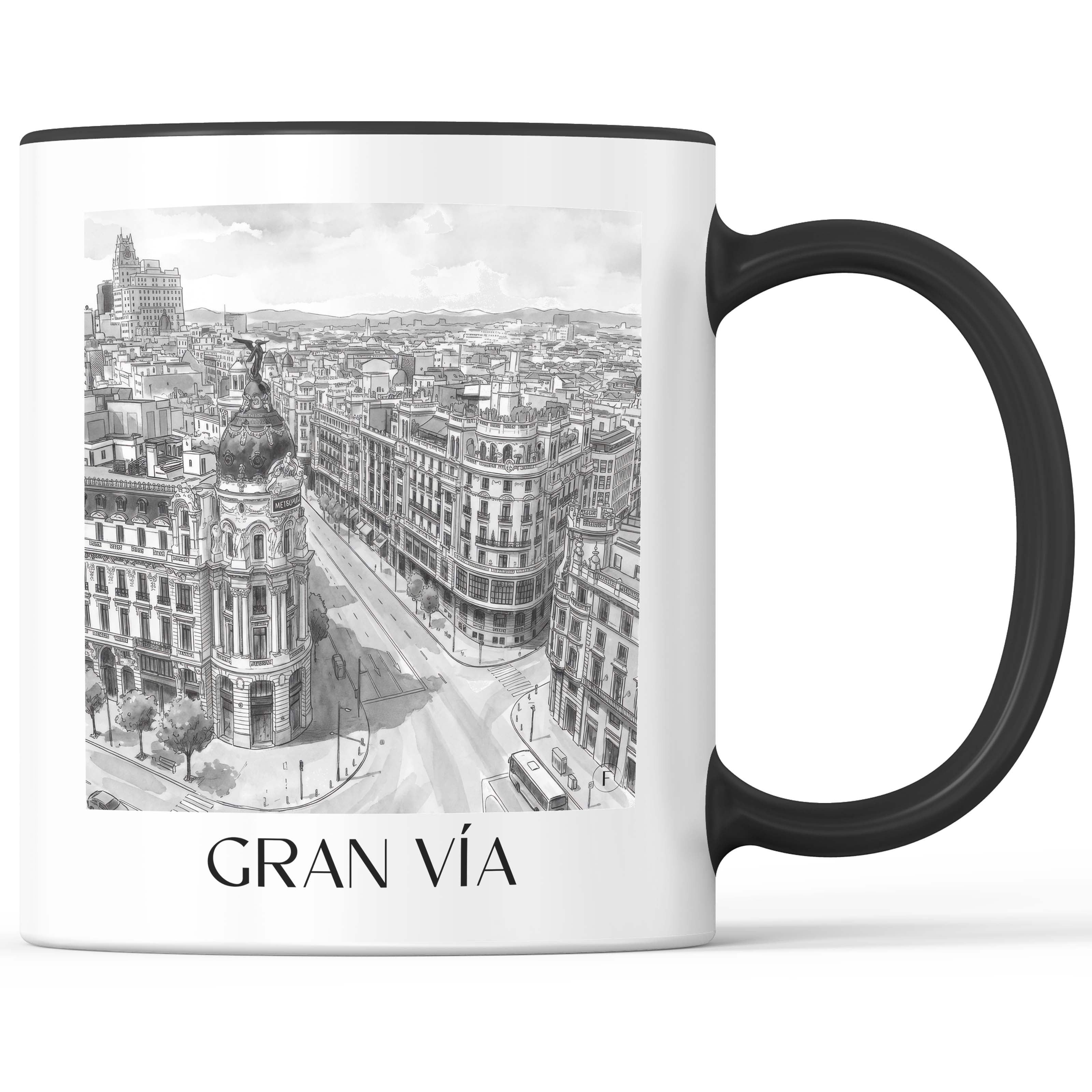 Gran Vía Kaffeebecher - Madrid - Spanien Becher - Kaffeetasse im Aquarell Schwarz-Weiß Stil - favplace