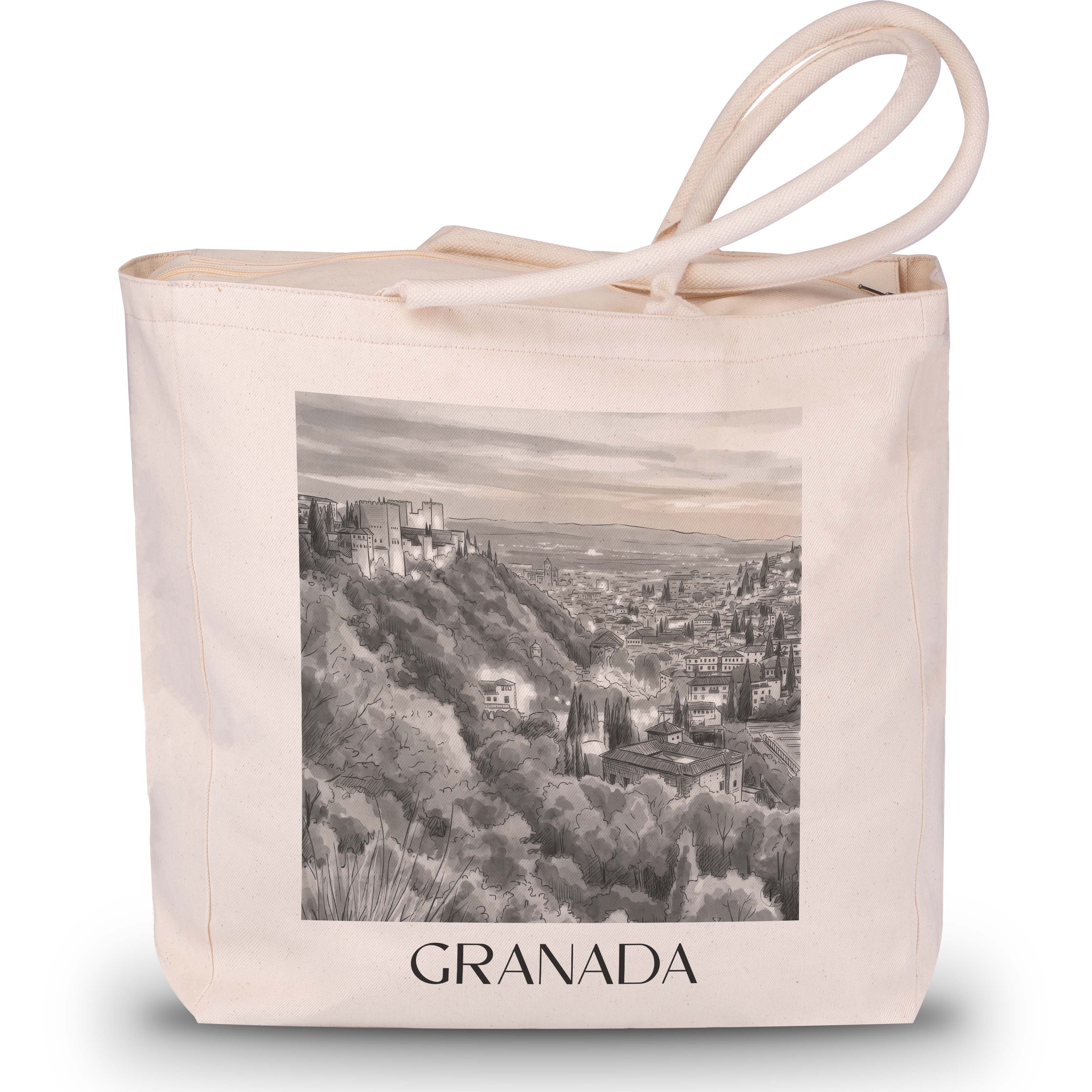 Granada Shopping Tasche - Spanien - Spanien Tote Bag - Einkaufstasche im Aquarell Schwarz-Weiß Stil - favplace