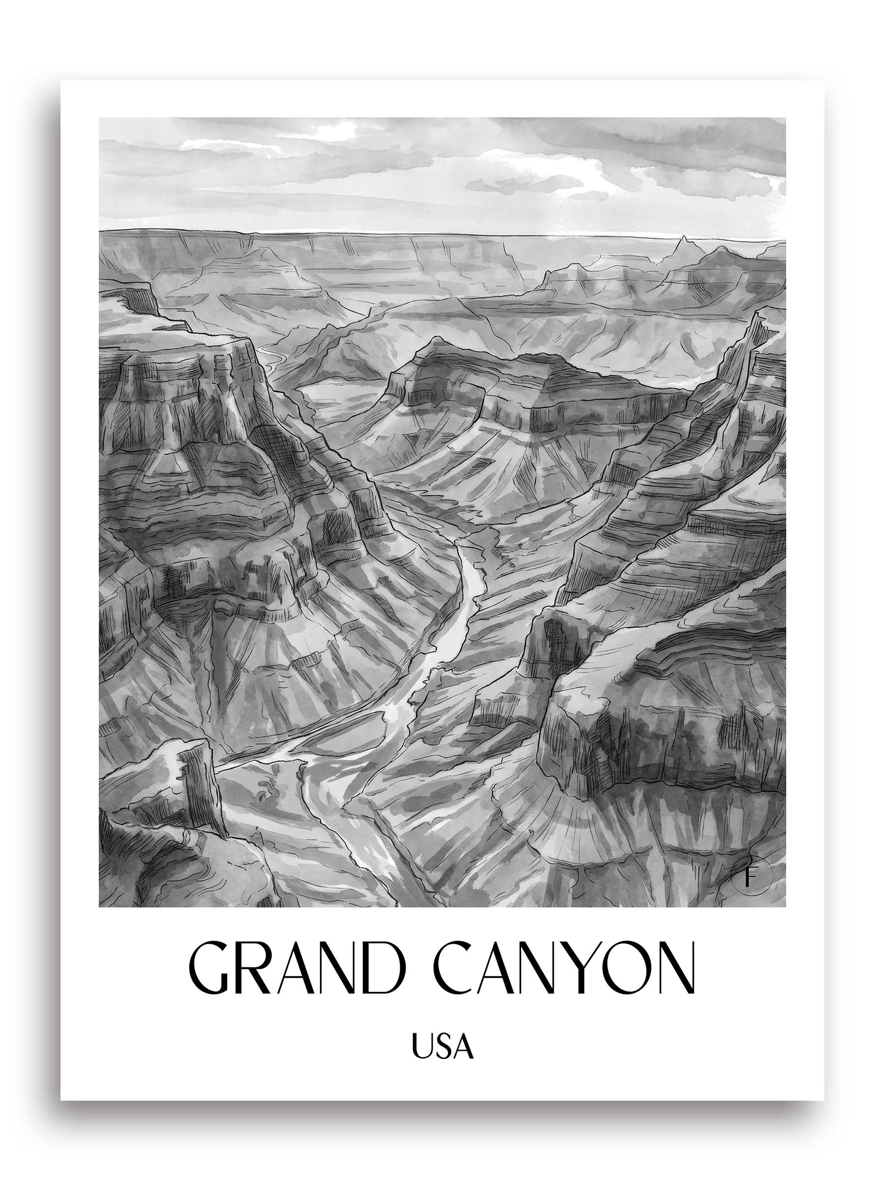 Grand Canyon Poster - - USA Kunstdruck - Aquarell Schwarz-Weiß von A4 bis A1 - favplace