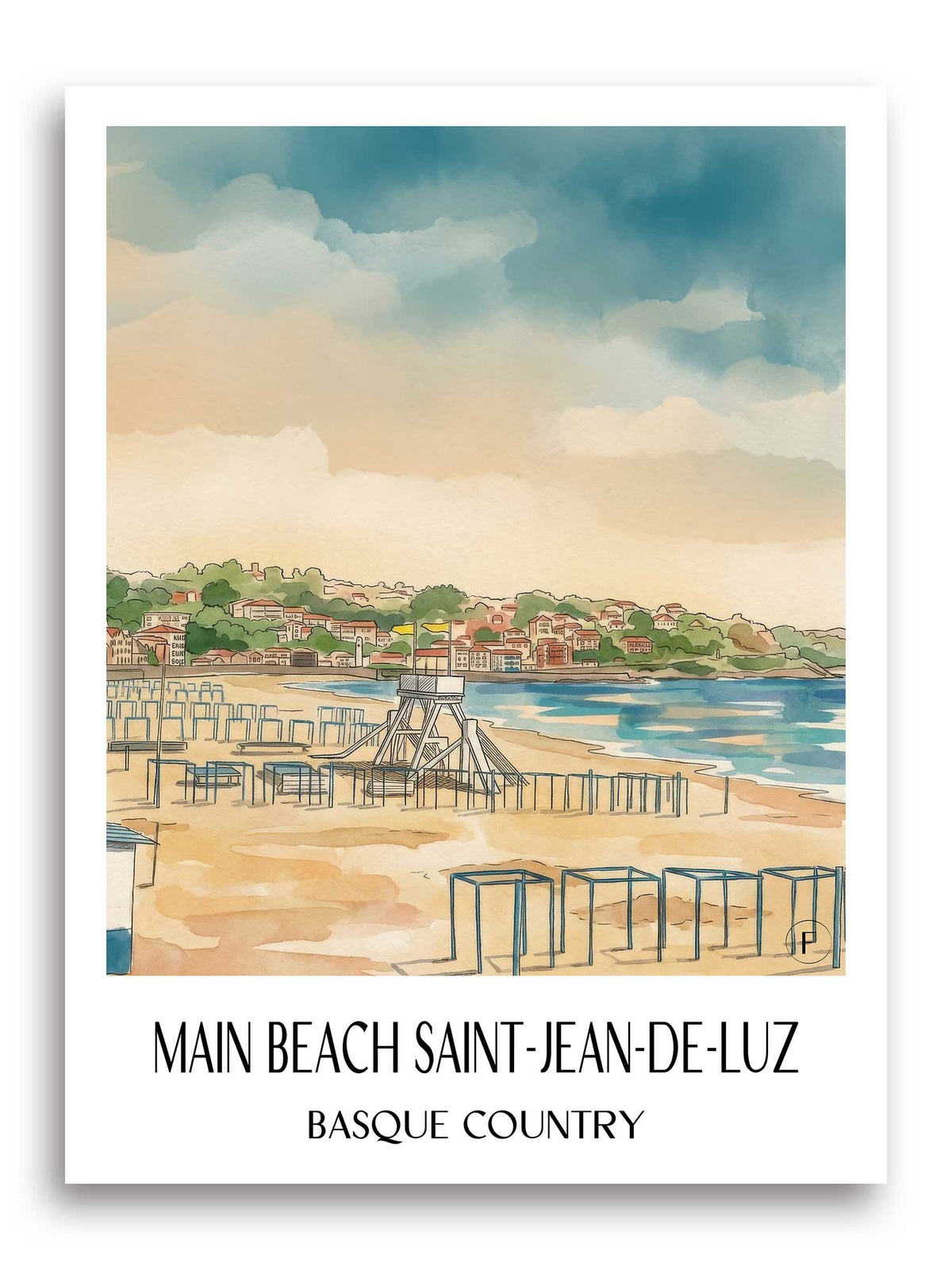 Grande Plage Saint-Jean-de-Luz Poster - Pays Basque - Frankreich Kunstdruck - Aquarell von A4 bis A1 - favplace