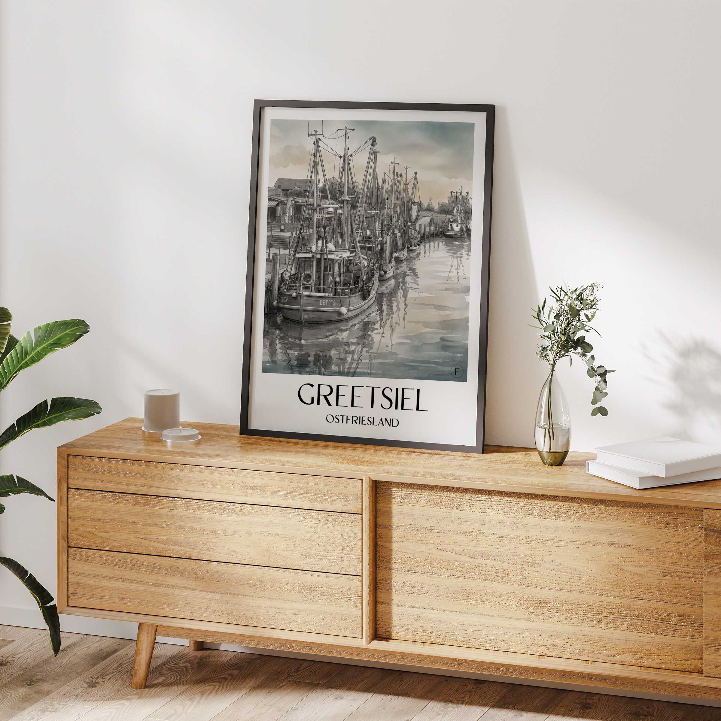 greetsiel-ostfriesland-deutschland-poster-aquarell-schwarz-weiss