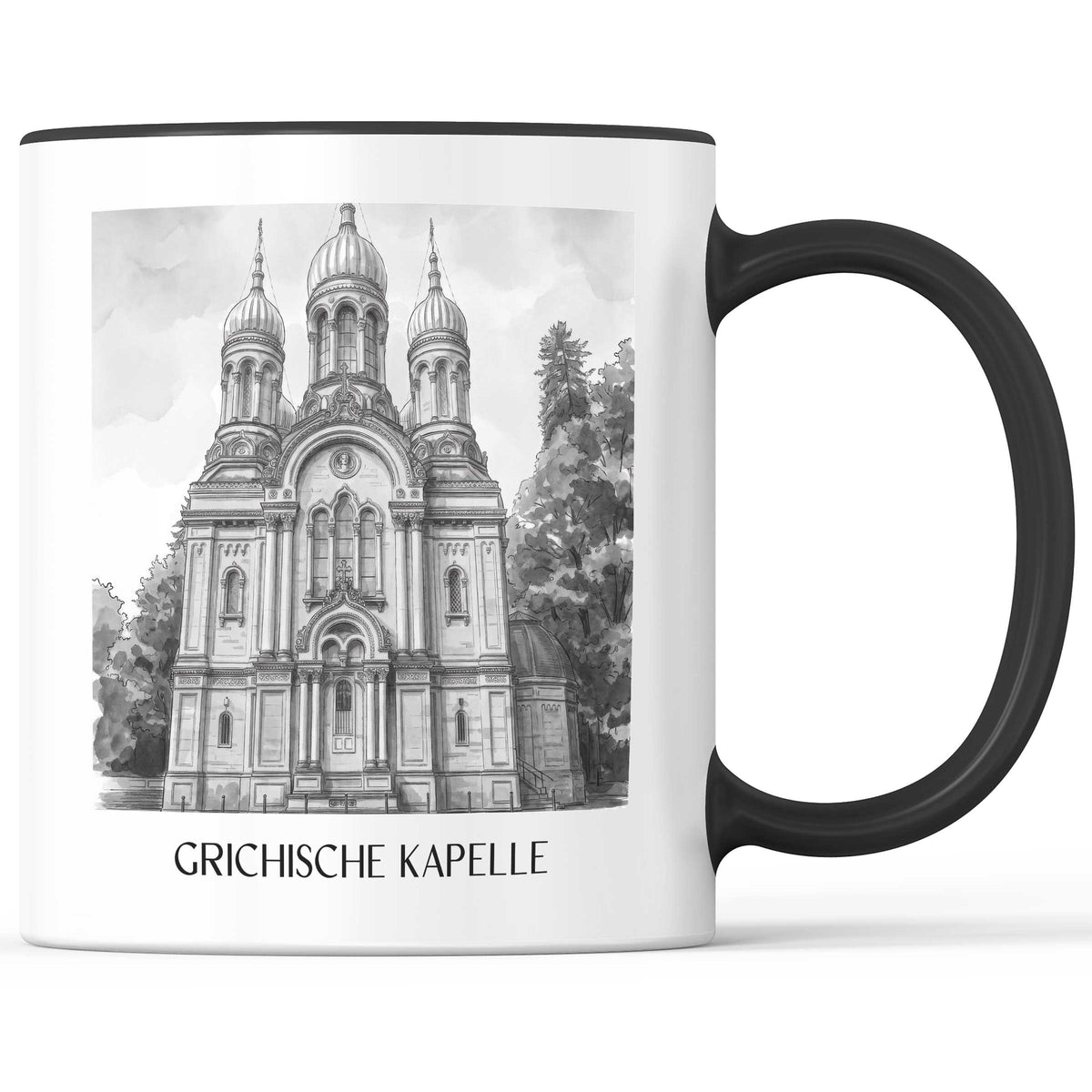 grichische-kapelle-wiesbaden-deutschland-kaffeebecher-aquarell-schwarz-weiss