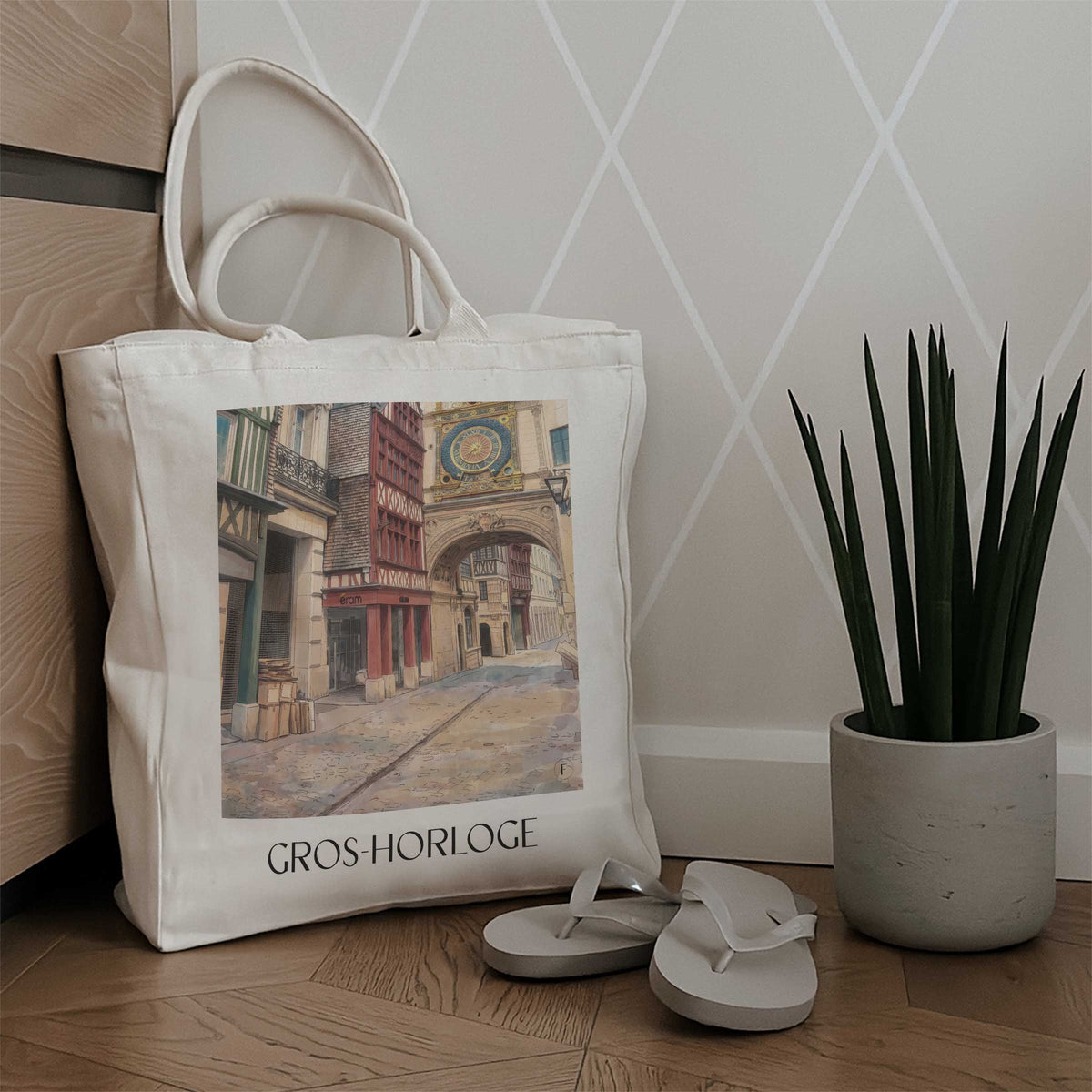 gros-horloge-rouen-frankreich-einkaufstasche-aquarell