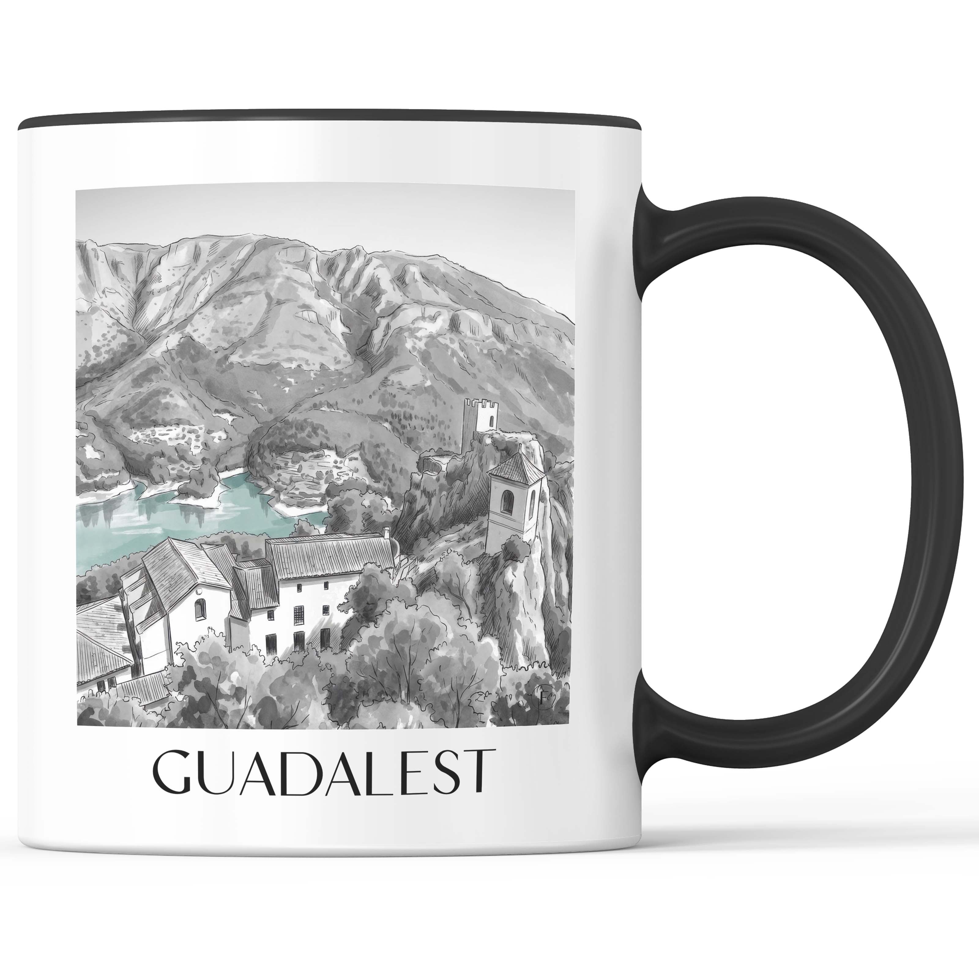 Guadalest Kaffeebecher - Spanien - Spanien Becher - Kaffeetasse im Aquarell Schwarz-Weiß Stil - favplace