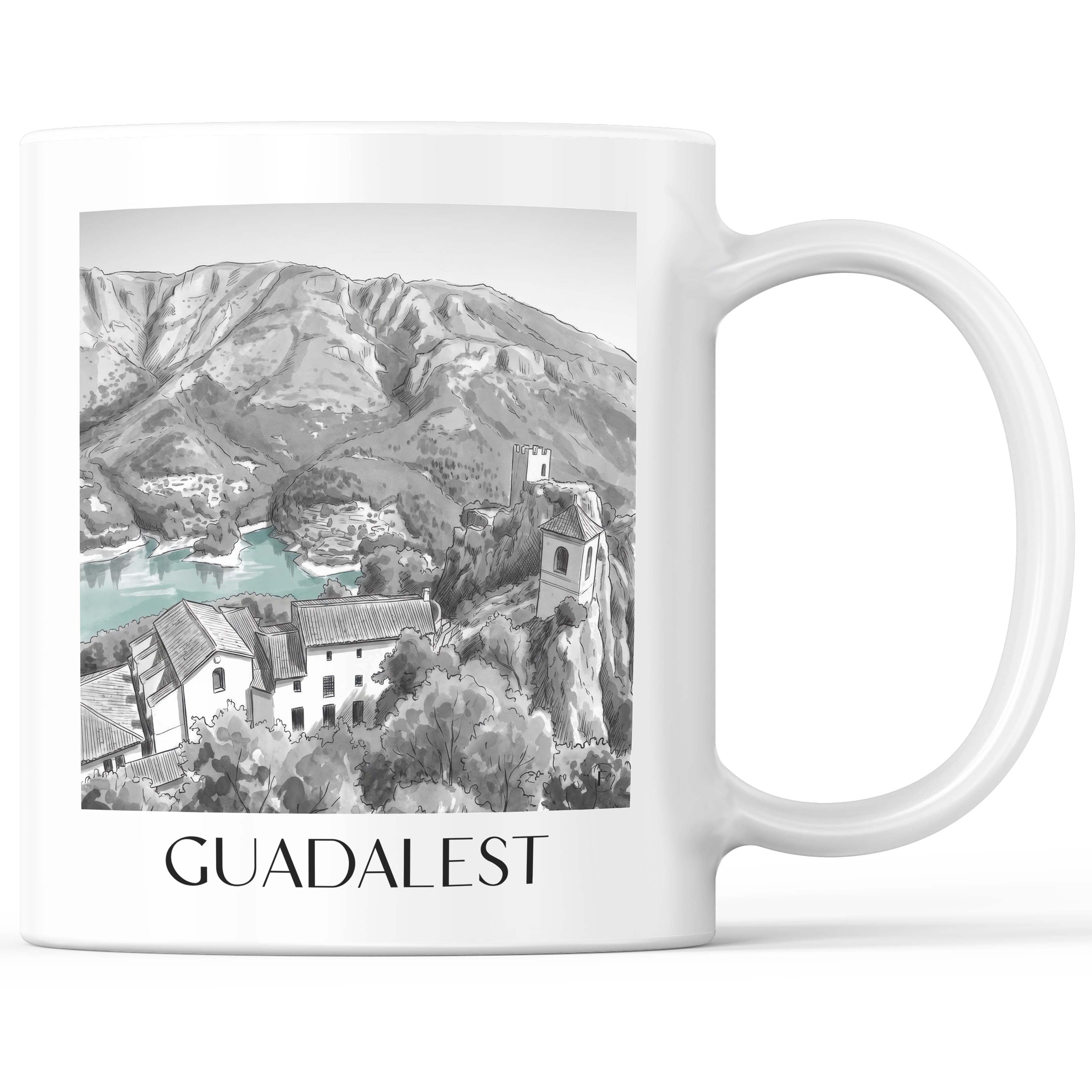 Guadalest Kaffeebecher - Spanien - Spanien Becher - Kaffeetasse im Aquarell Schwarz-Weiß Stil - favplace