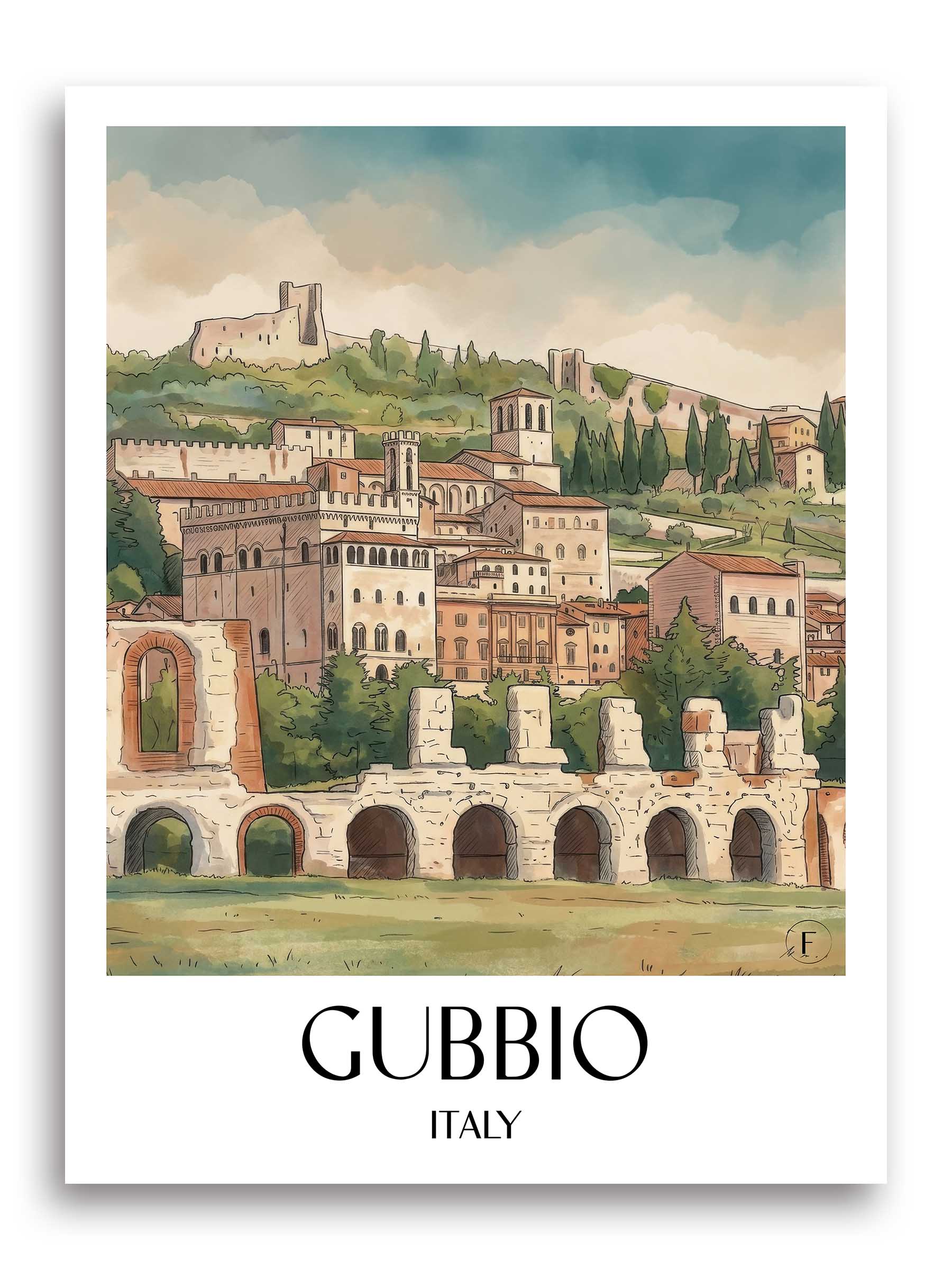 Gubbio Poster - Umbrien - Italien Kunstdruck - Aquarell von A4 bis A1 - favplace