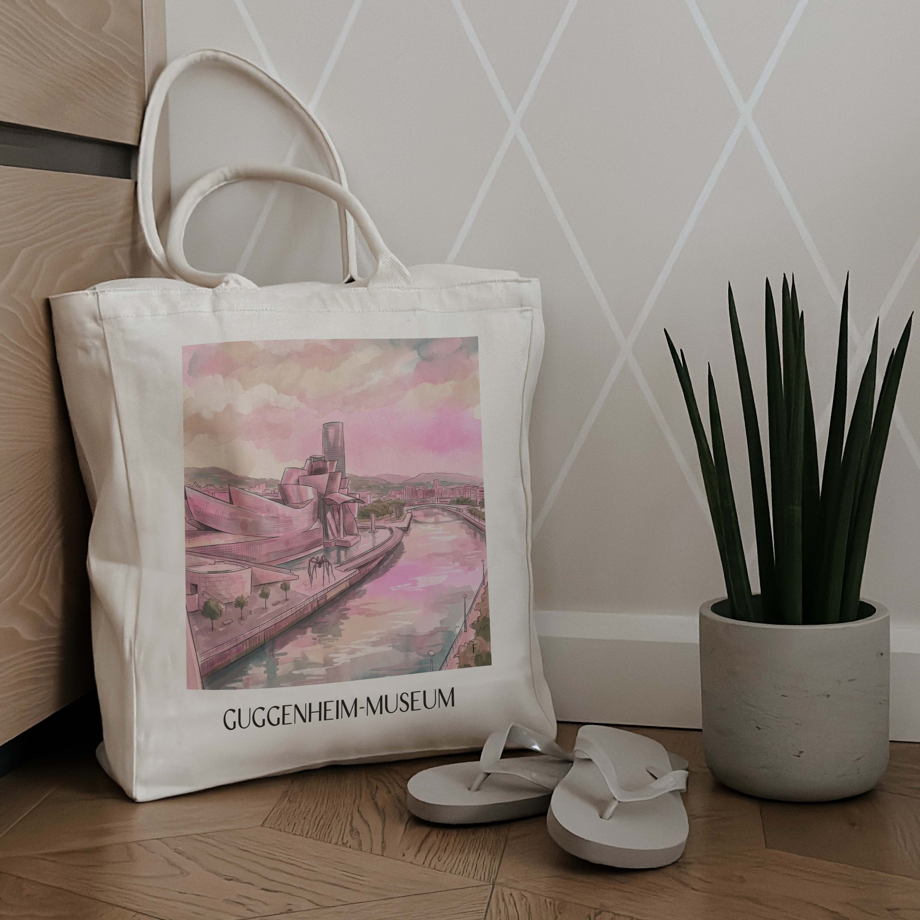 guggenheim-museum-bilbao-spanien-einkaufstasche-aquarell-pink-rosa