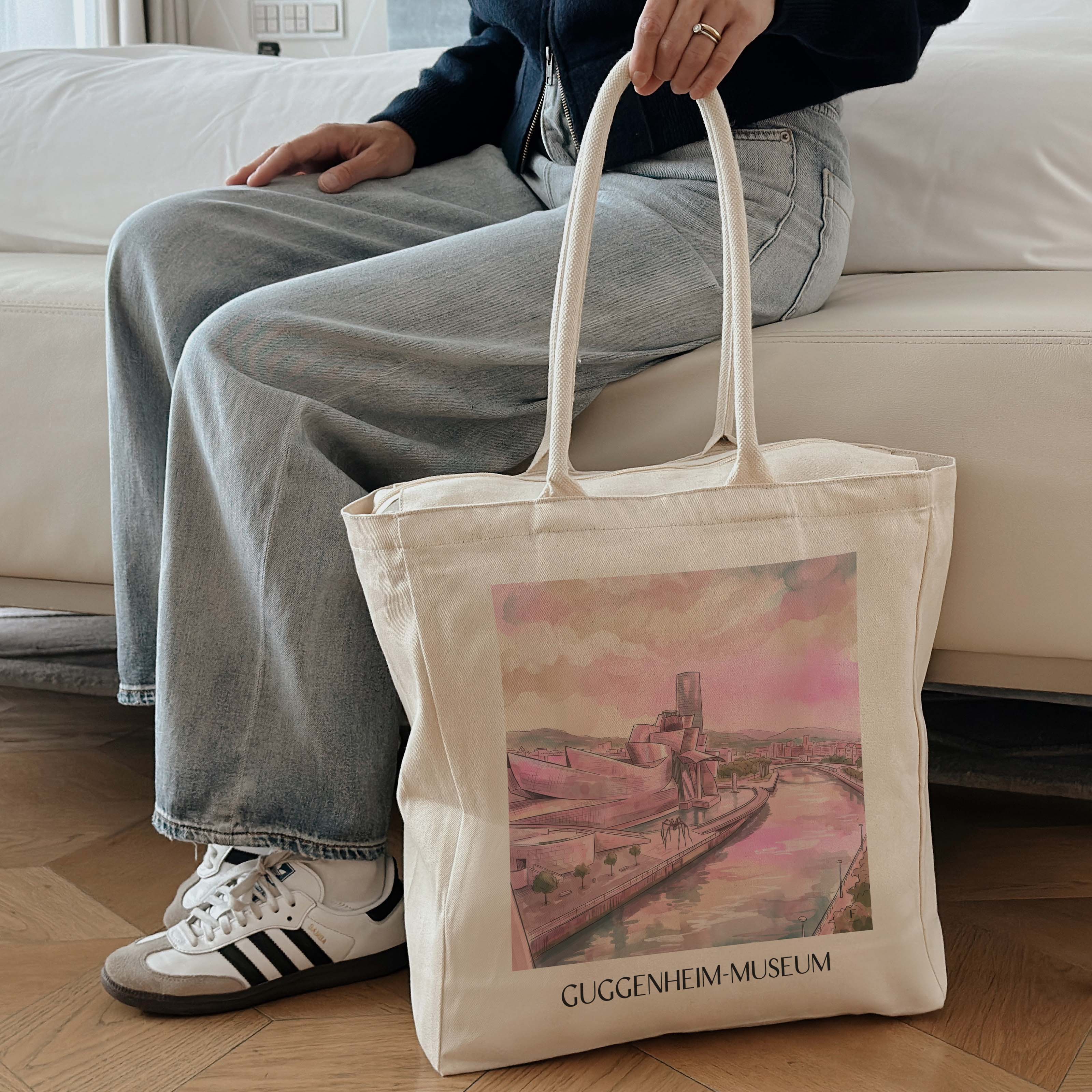 guggenheim-museum-bilbao-spanien-einkaufstasche-aquarell-pink-rosa